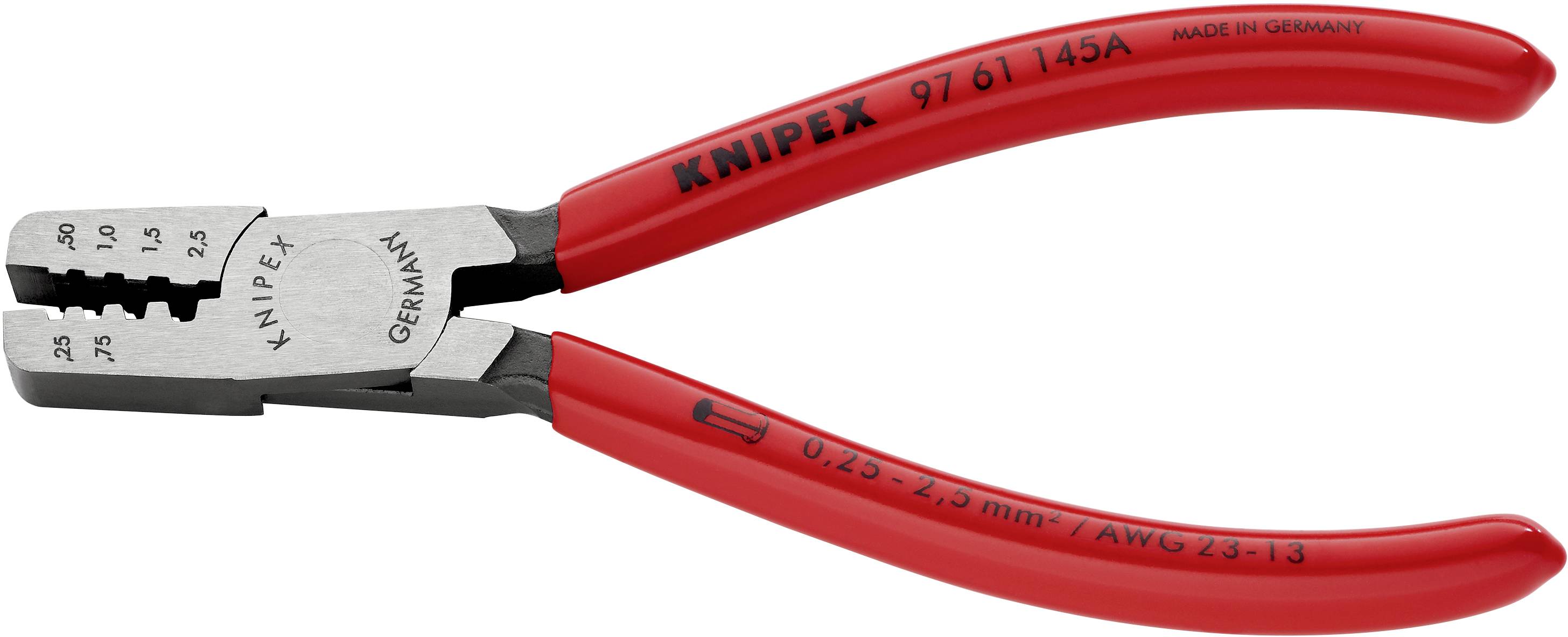 Rote Crimpzange von Knipex mit mehreren Größen auf den Backen zur Kabelverarbeitung. Markierung 'Made in Germany' auf dem Griff.