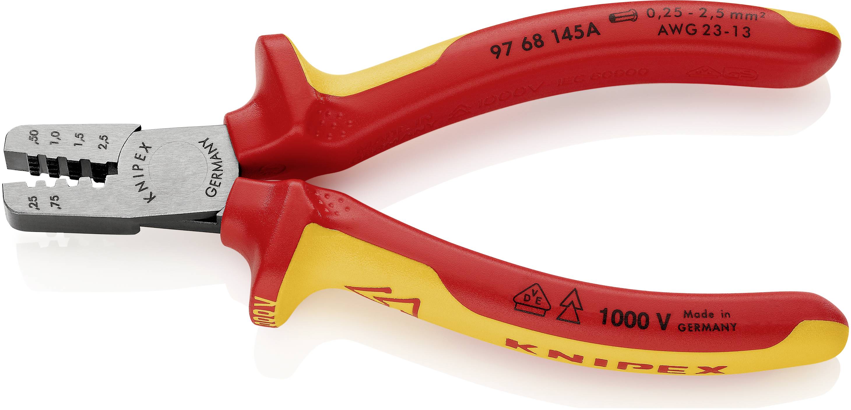 Rote Crimpzange mit gelben Details, Herstellername und Sicherheitssymbole sichtbar. Geeignet für 0,25-2,5 mm² Kabel.