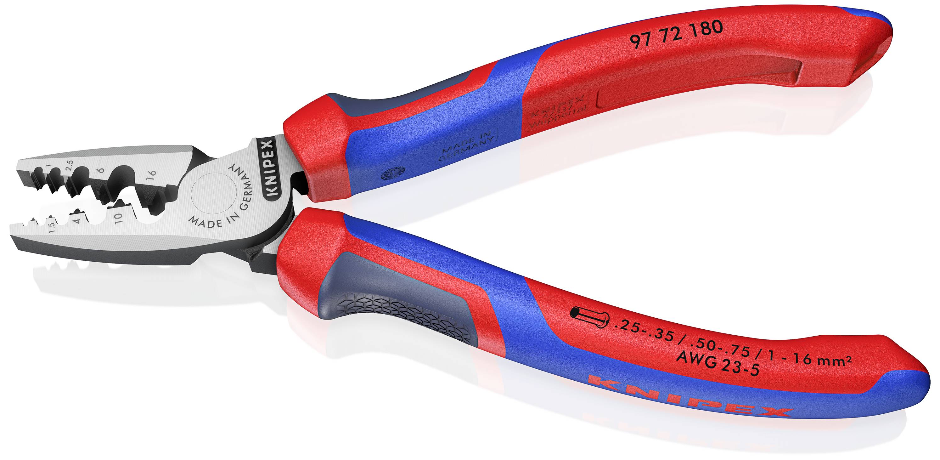 Handzange mit rot-blauen Griffen, spezialisiert auf Crimpen, Abisolieren und Schneiden von Kabeln. Markiert mit spezifischen Maß- und Kabelgrößen.