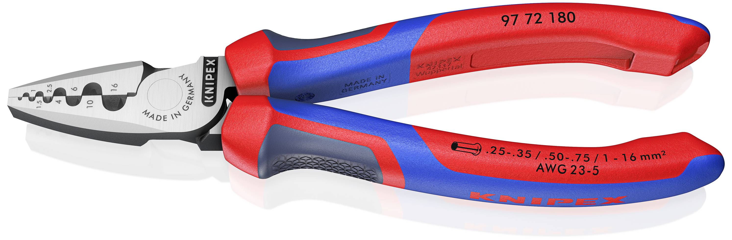 Rote und blaue Kombizange mit Knipex-Logo. Schneid- und Greifflächen und Gravur 'Made in Germany'. Geeignet für verschied. Drahttypen.
