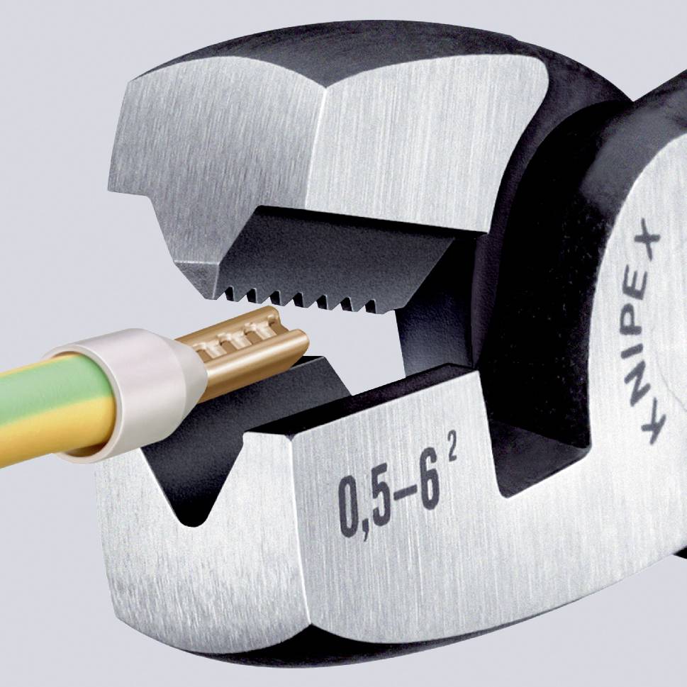 Zange entmantelt ein Kabel; zeigt präzises Schneiden und Abisolieren. Markierungen deuten auf Größenbereich von 0,5 bis 6 Quadratmillimeter hin.