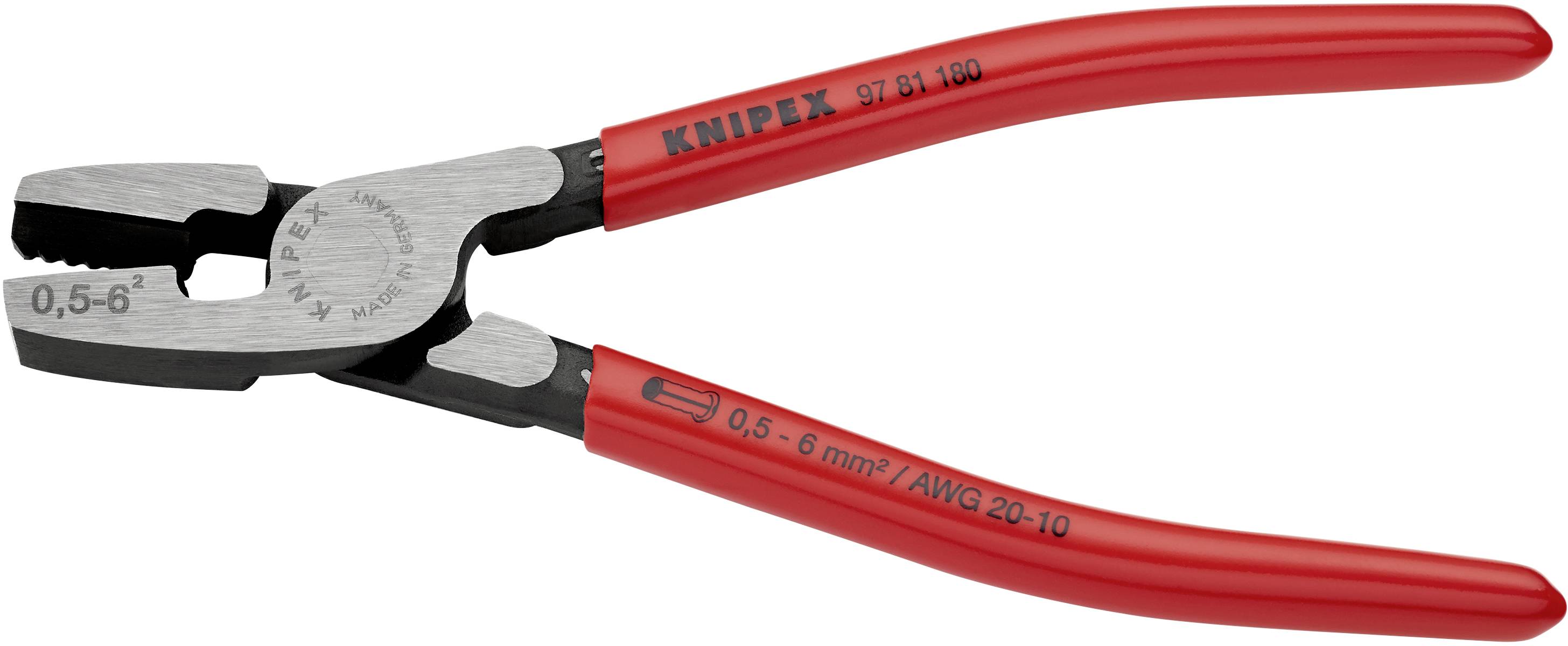 Eine rote Crimpzange mit der Aufschrift 'Knipex 97 61 180' und den Prägungen '0,5-6 mm² / AWG 20-10' auf den Griffen.