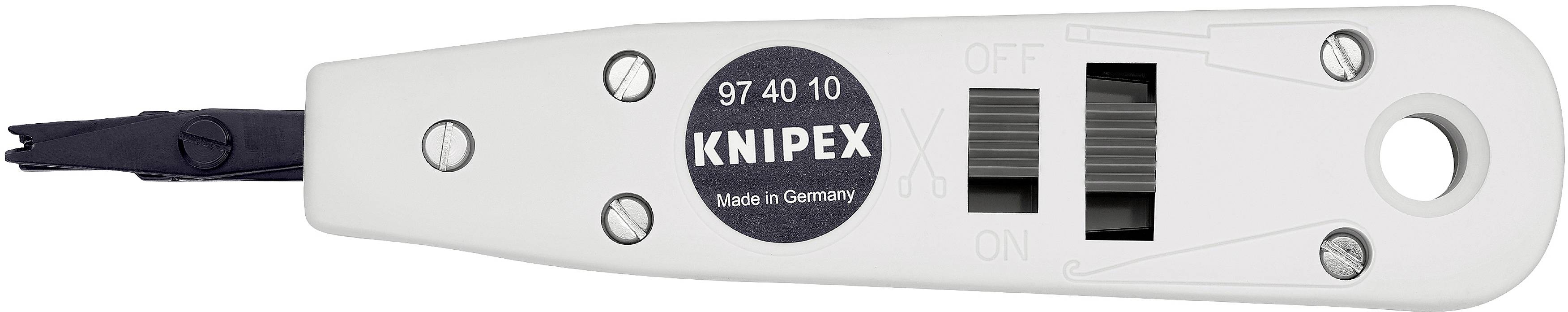 Werkzeug zum Schneiden und Abisolieren von Kabeln der Marke Knipex, Modell 97 40 10, mit Logo und Schriftzug 'Made in Germany'.