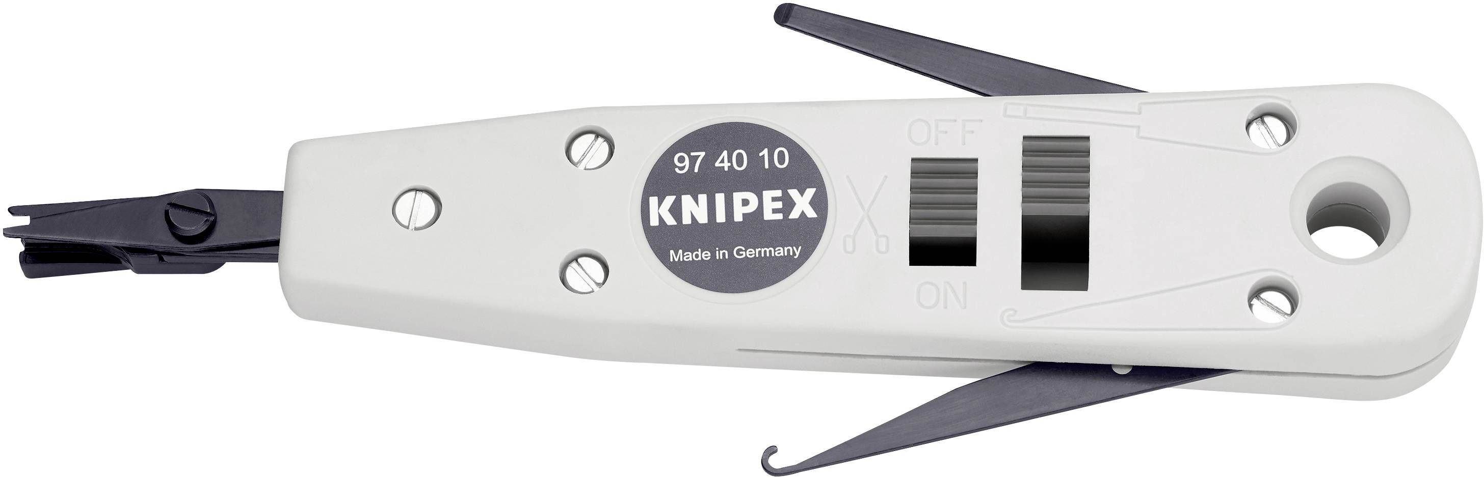 Ein grau-schwarzes Knipex-Abisolierwerkzeug mit Hebel und Klingen aktiviert durch Schalter 'ON' und 'OFF', 'Made in Germany'.