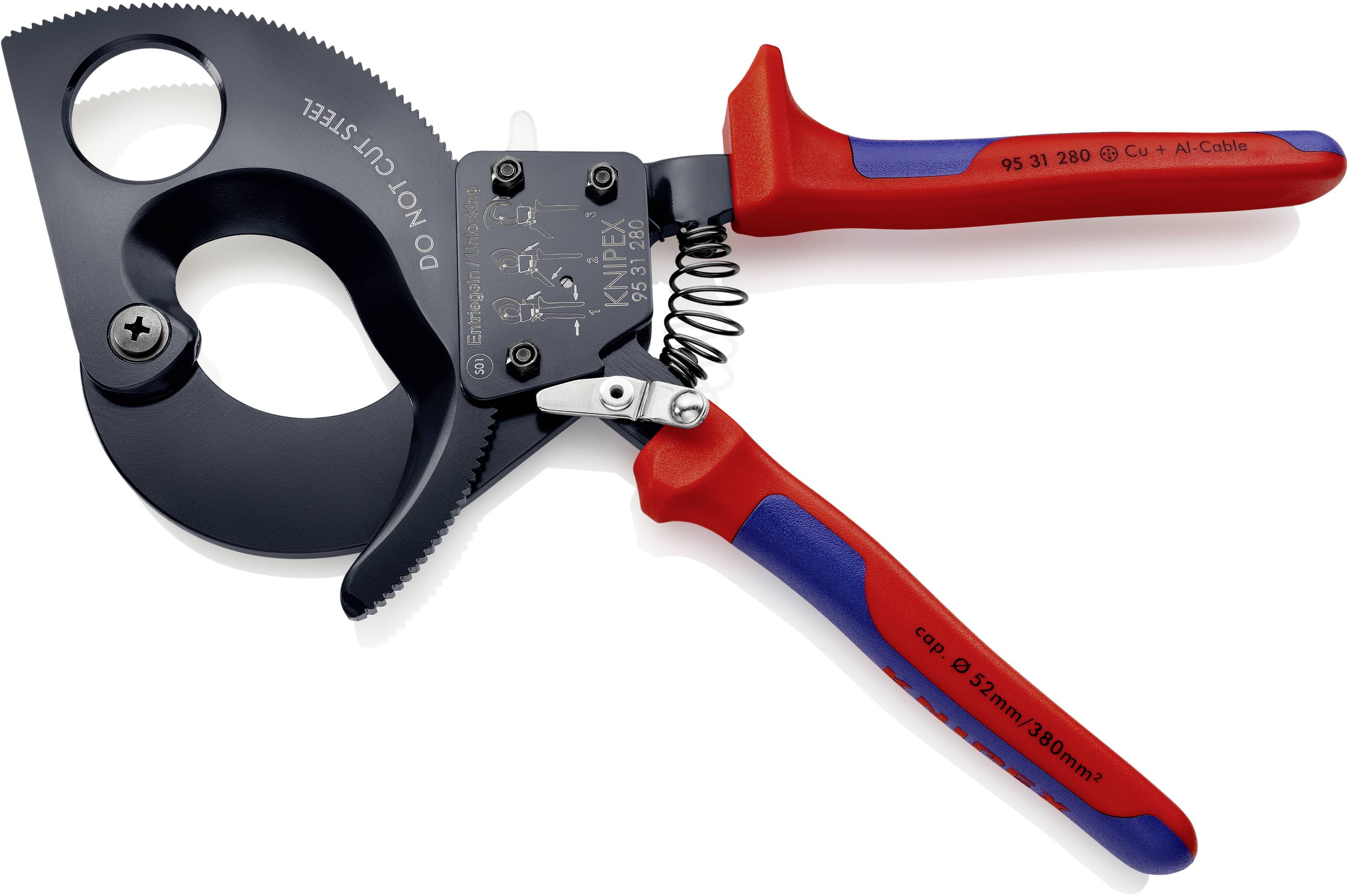 Eine Kabelschere mit roten Griffen und robusten Klingen, geeignet zum Schneiden von Kupfer- und Aluminiumkabeln ohne Stahldraht.