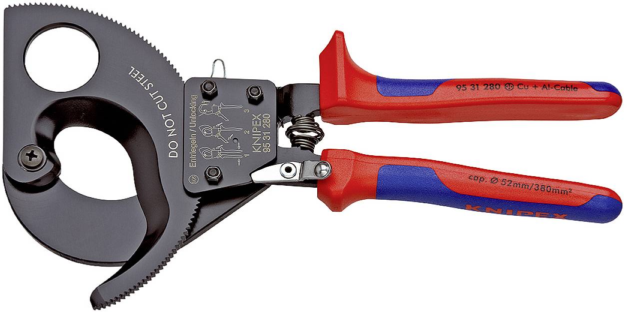 Bolzenschneider mit roten Griffen, schwarzem Schneidkopf und der Aufschrift 'DO NOT CUT STEEL'. Geeignet für Kabel bis 52 mm Durchmesser.