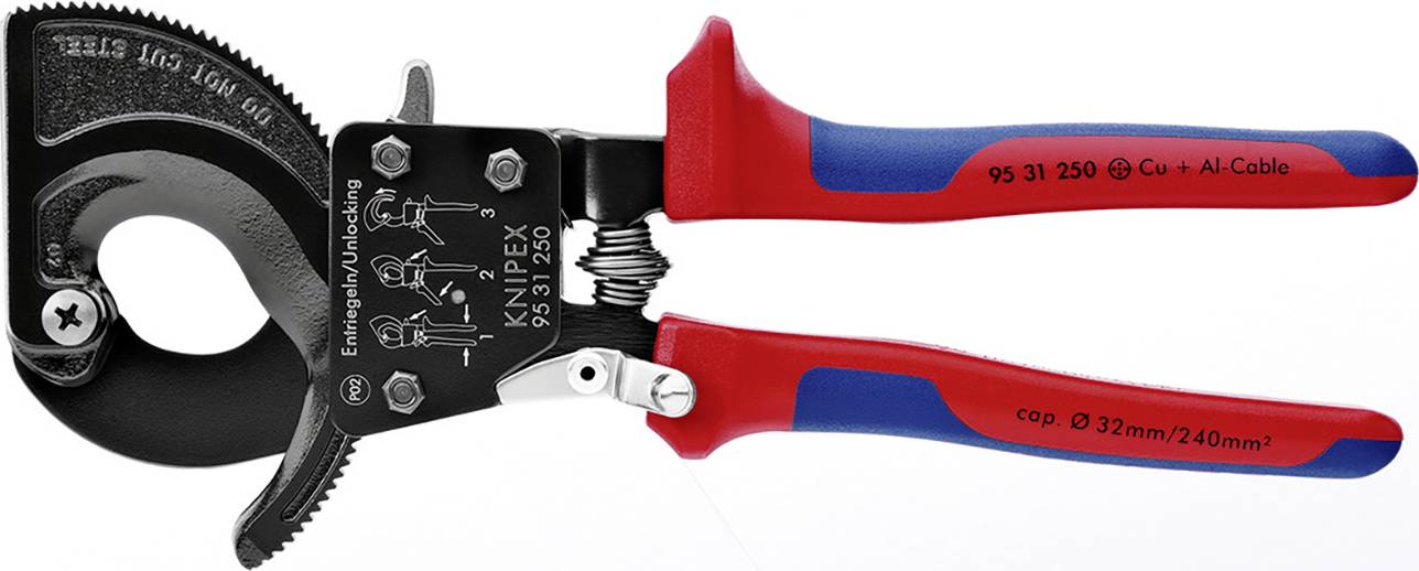'Knipex Ratschenkabelschneider', eine rote und blaue Zange, geeignet für Cu- und Al-Kabel bis 32 mm oder 240 mm².