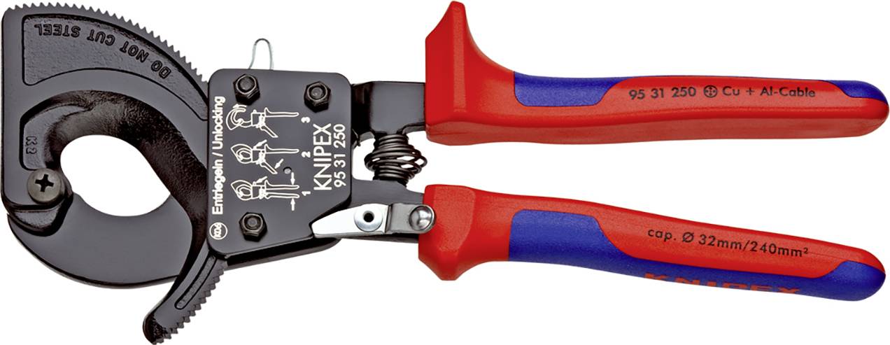 Kabelschneider mit roten und blauen Griffen und schwarzem Kopf. Geeignet für Kupfer- und Alukabel bis 32 mm Durchmesser.