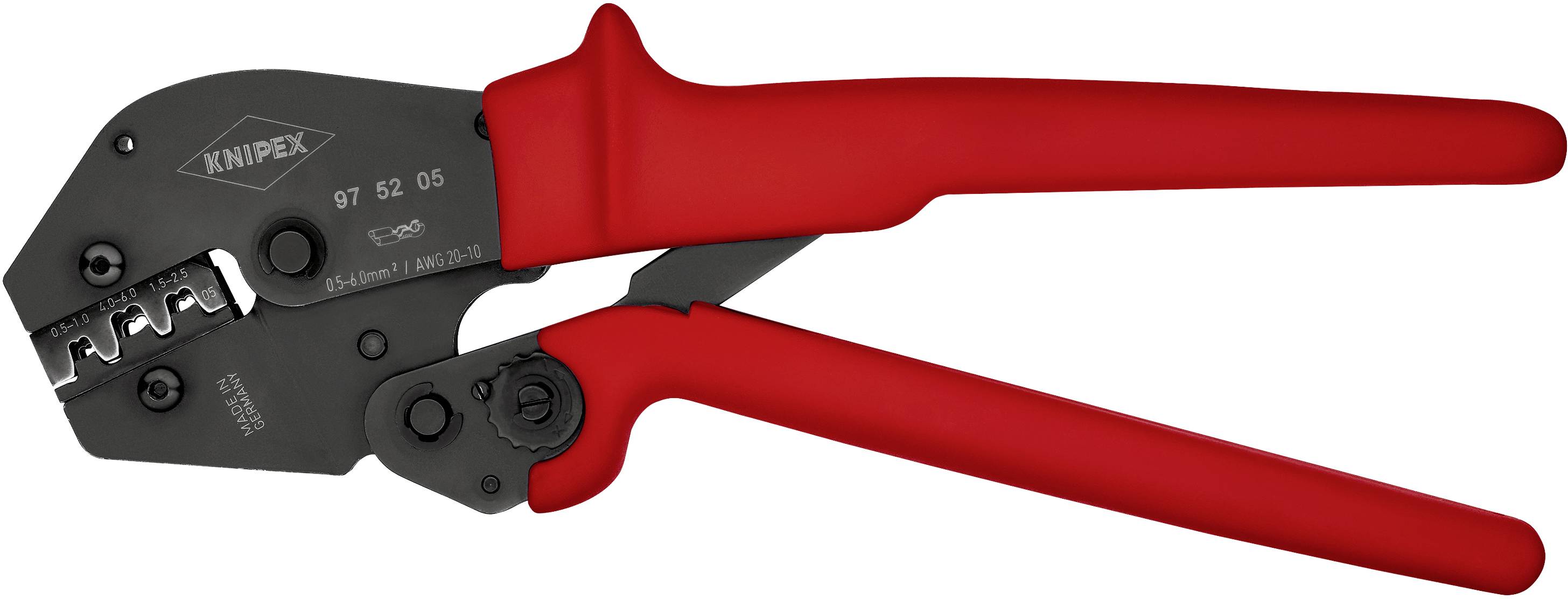 Eine rote Crimpzange der Marke KNIPEX, Modell '97 52 05', mit Hebelübersetzung sichtbar auf einer neutralen Oberfläche.