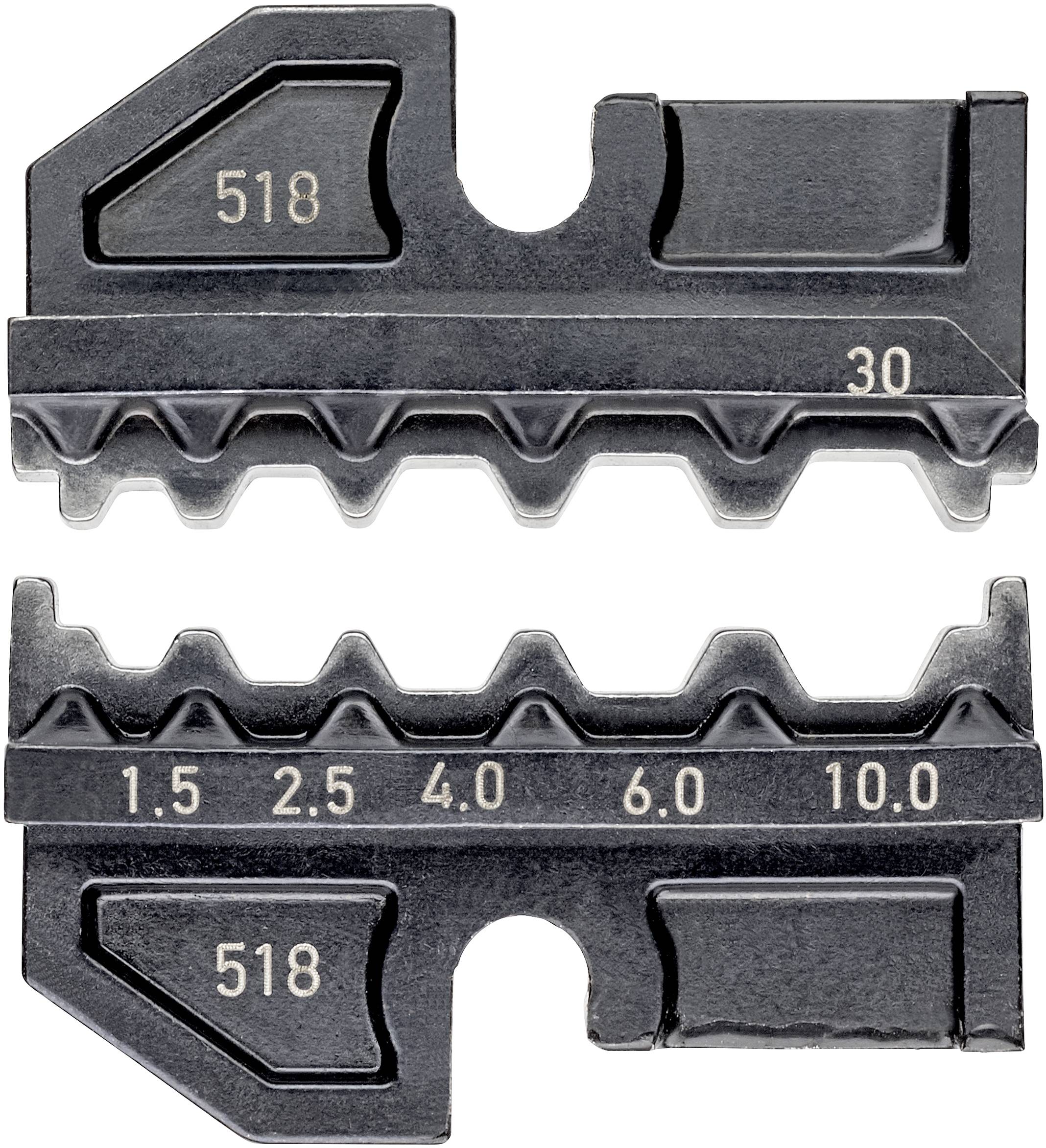 Zwei schwarze Einstellschablonen mit Zähnen und Markierungen. Oben: Zahl 30, unten: Zahlenreihe 1.5, 2.5, 4.0, 6.0, 10.0.