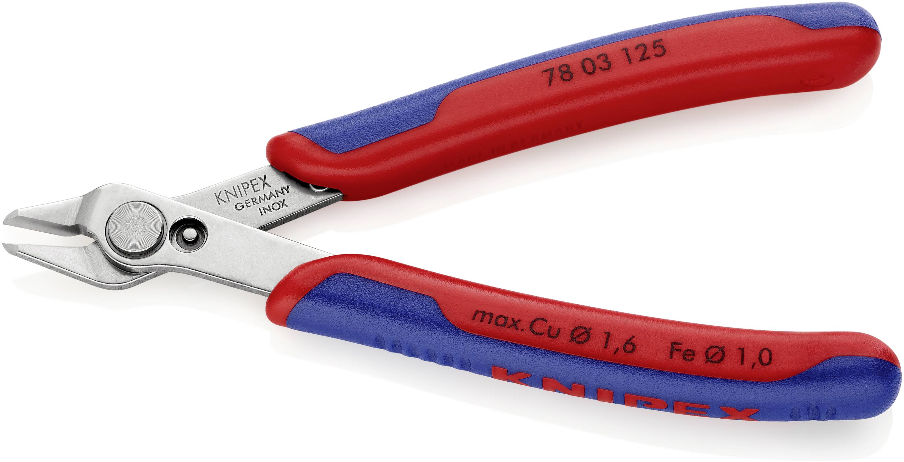 Elektroniker-Seitenschneider von KNIPEX mit rotem und blauem Griff. Geeignet für Kupferdrähte bis 1,6 mm und Eisendrähte bis 1,0 mm.