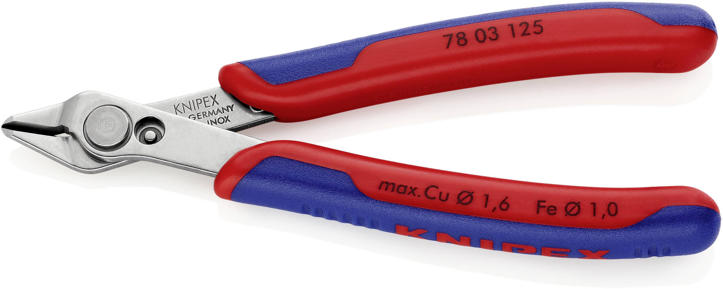 Eine Knipex Seitenschneiderzange mit rot-blauen Griffen und Edelstahlklingen, geeignet für das Schneiden von Kupfer- und Eisendraht.
