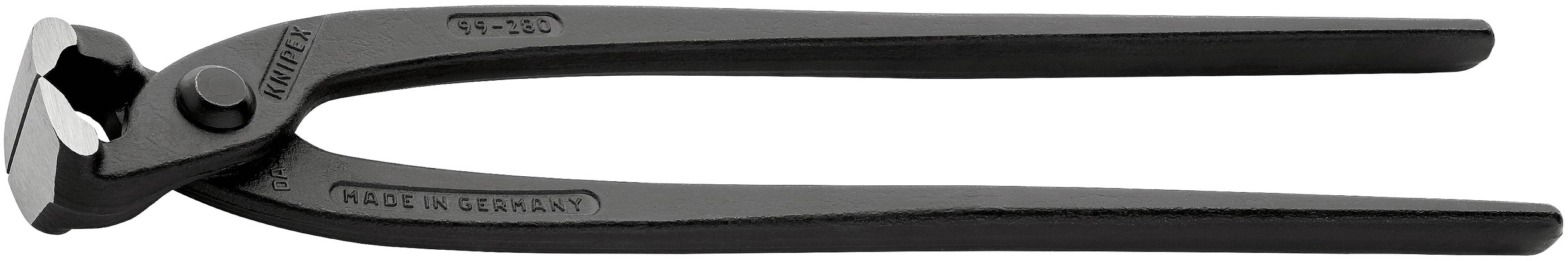 Schwarze Kneifzange mit silbernen Schneiden, hergestellt in Deutschland; verwendet zum Schneiden von Drähten oder Nägeln, robustes Design.
