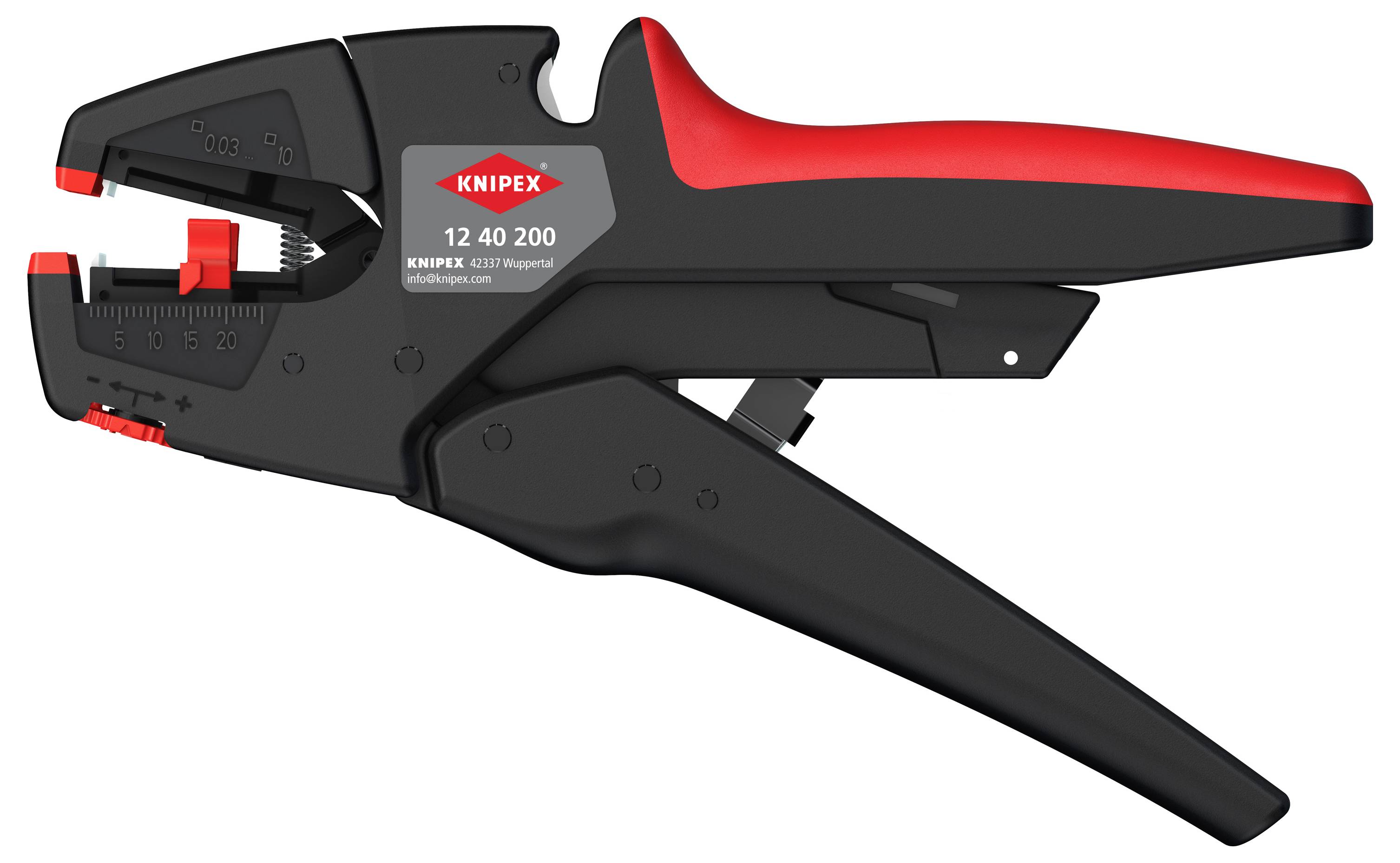 Ein schwarzer und roter Abisolierer mit verstellbaren Einstellungen und einer Markenetikette mit der Aufschrift 'Knipex 12 40 200'.