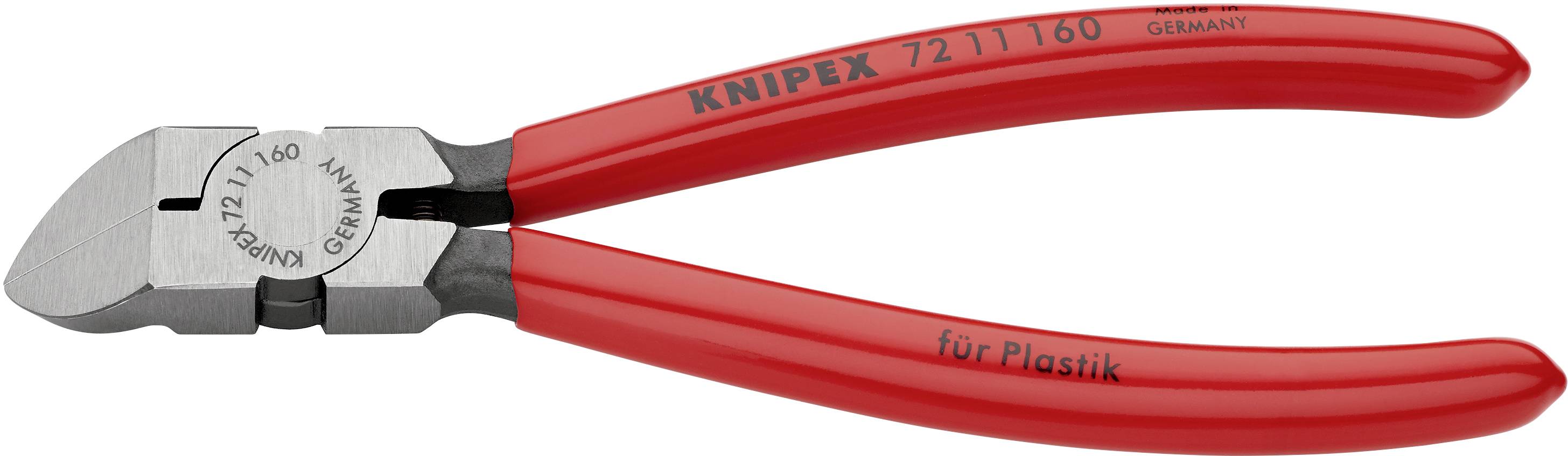Rote Kunststoffzange von Knipex mit der Aufschrift 'für Plastik' auf dem Griff, geeignet zum Schneiden von weichen Materialien.