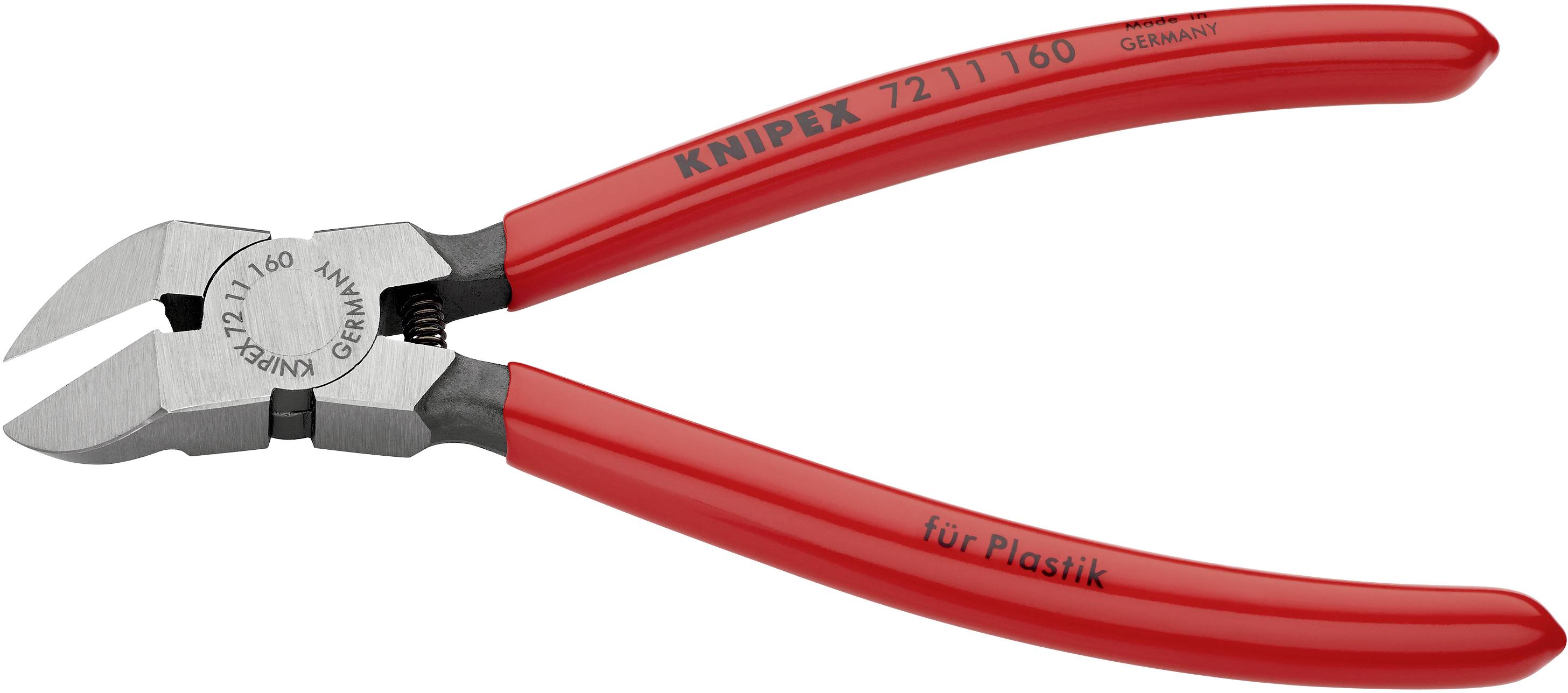 Rote Abisolierzange mit Aufdruck 'Knipex' und 'für Plastik' auf dem Griff, geeignet zum Schneiden von Kunststoff.