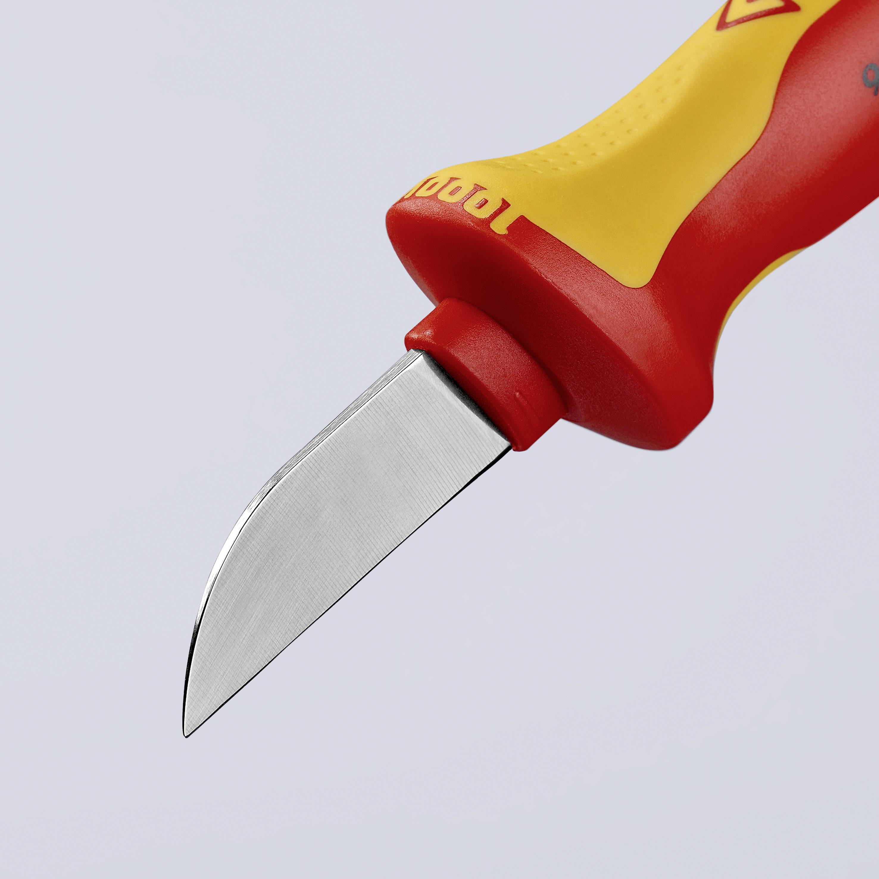 Ein handliches, kleines Sicherheitsmesser mit einem roten und gelben Griff, geeignet für präzise Arbeiten und sicheren Gebrauch.