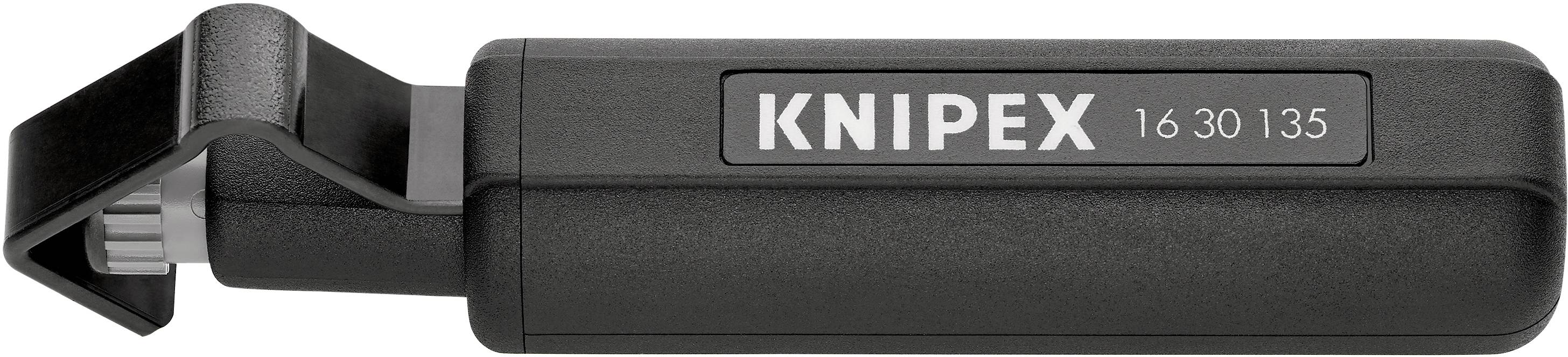 Ein schwarzes Kabelabisolierwerkzeug der Marke Knipex, Modell 16 30 135, mit geriffeltem Griff und Metallklinge.