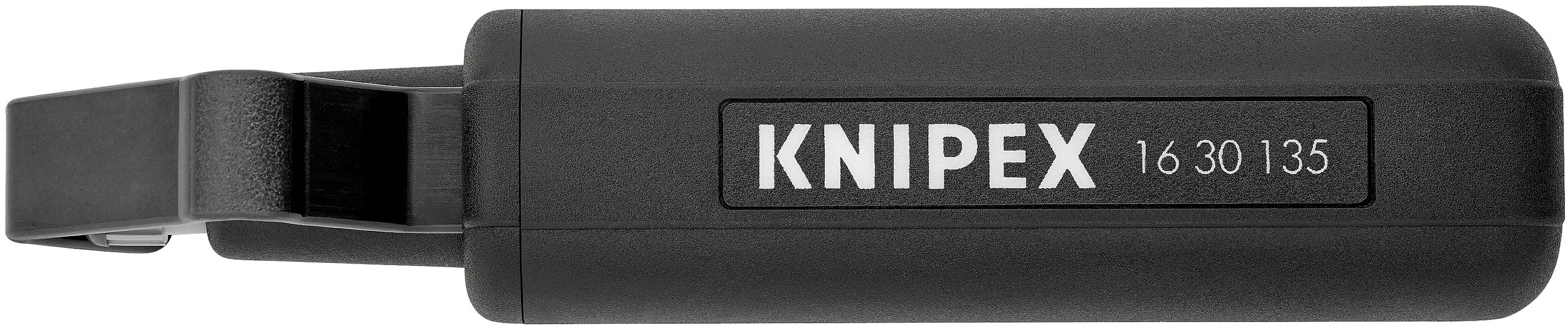 Schwarze Entmantelungszange der Marke Knipex, Modellnummer 16 30 135, frontal abgebildet mit gut sichtbarem Markennamen.