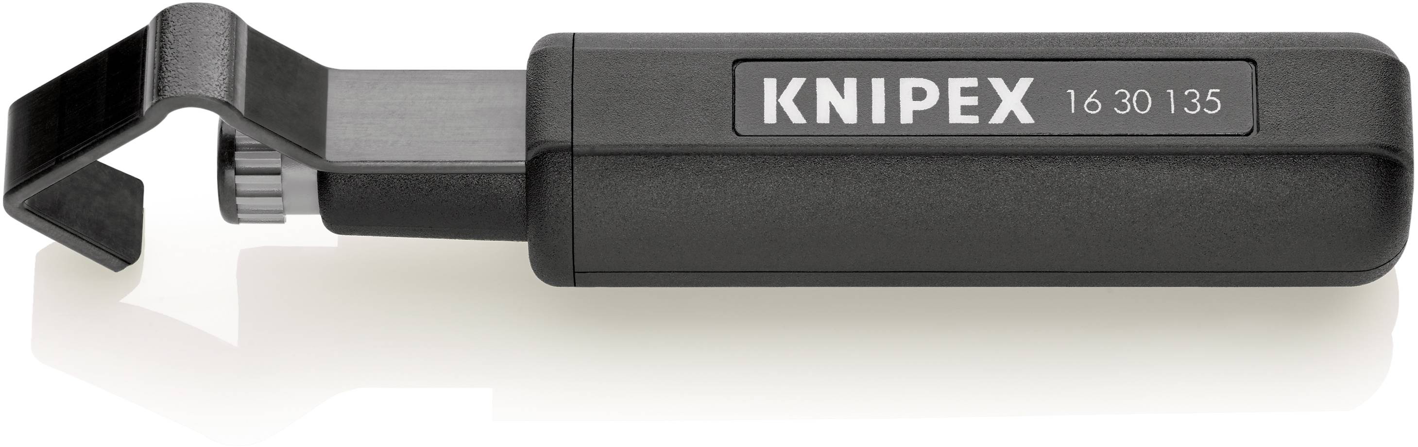 Kabelentmantler von Knipex, Modell 16 30 135, aus schwarzem Kunststoff mit Metallklinge, geeignet zum Abisolieren von Kabeln.