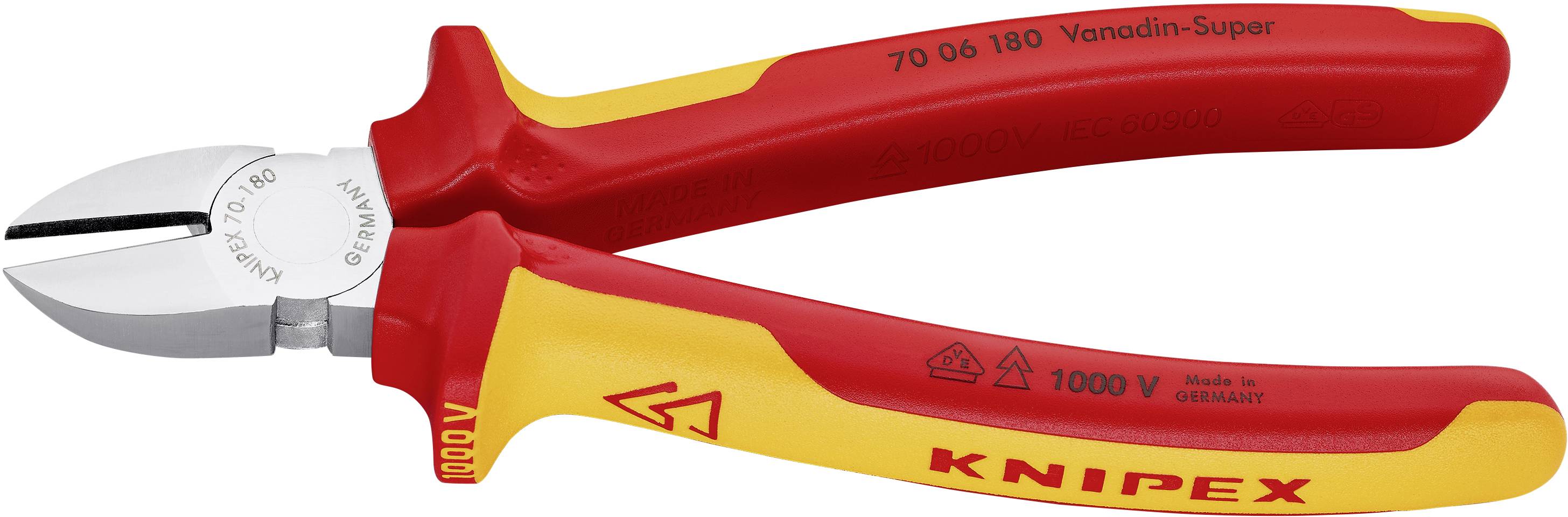 Rot-gelbe Isolierzange mit der Aufschrift 'KNIPEX', geeignet für Arbeiten bis 1000V, hergestellt in Deutschland.
