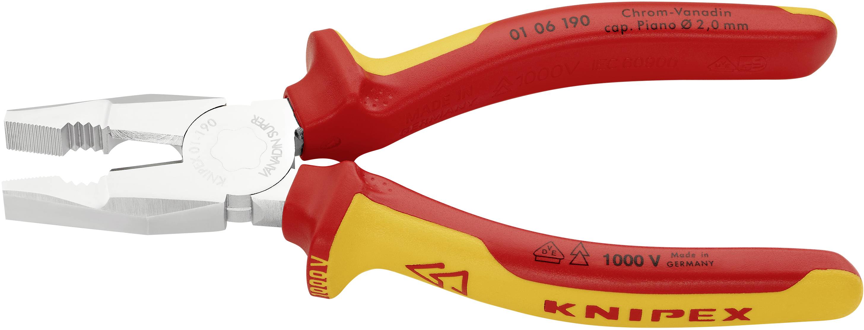 Rote Kombizange der Marke Knipex, geeignet für Arbeiten bis 1000V. Sie hat isolierte Griffe und einen aus Chrom-Vanadium-Stahl gefertigten Kopf.