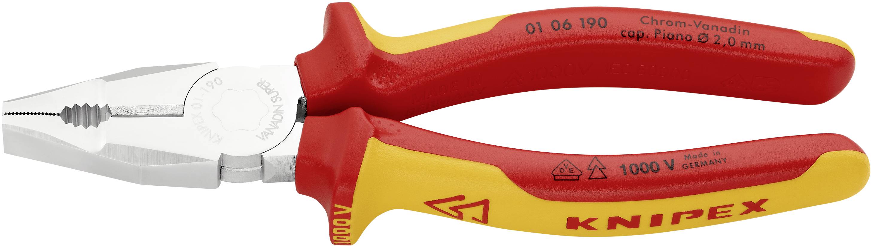 Rote und gelbe isolierte Kombizange, markiert mit 'Knipex', geeignet für Arbeiten bis 1000V.