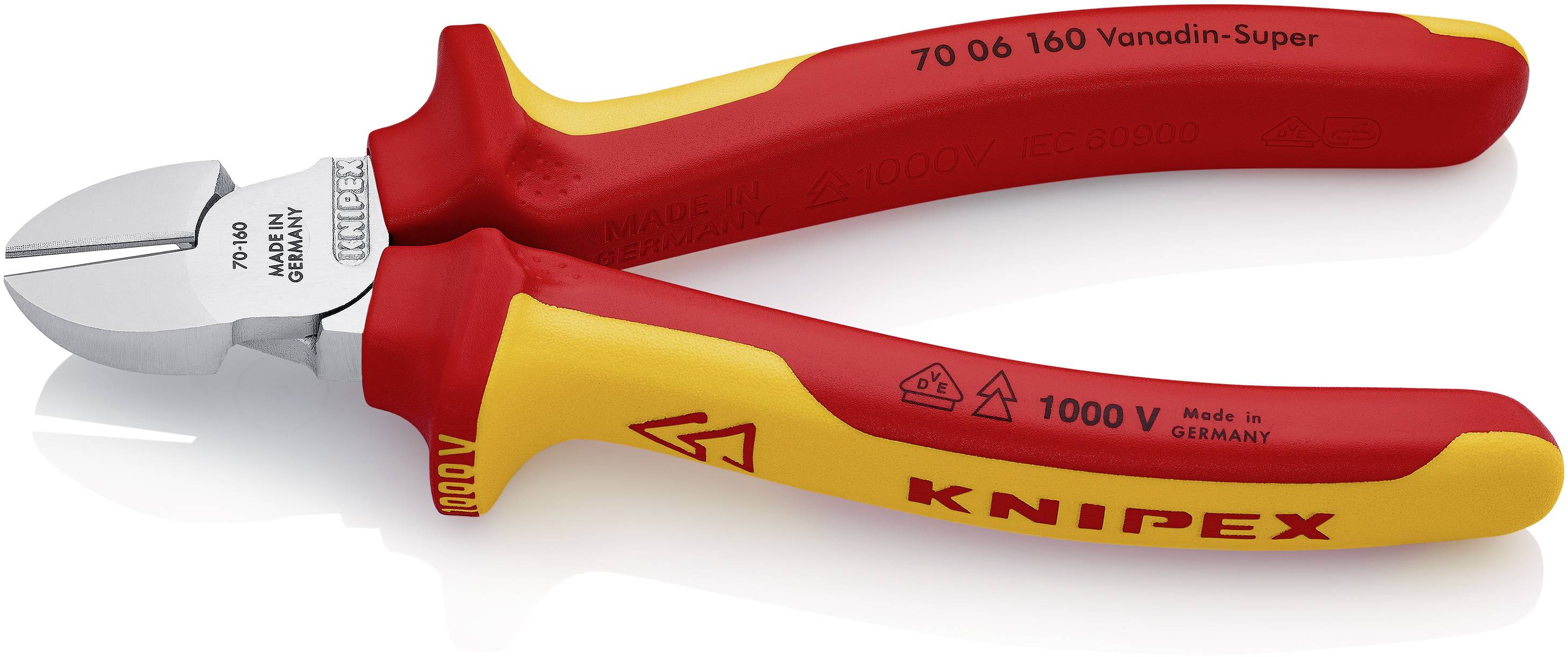 Abgebildet ist ein rot-gelber KNIPEX-Seitenschneider mit 1000V-Isolierung, geeignet für Arbeiten an elektrischen Leitungen.