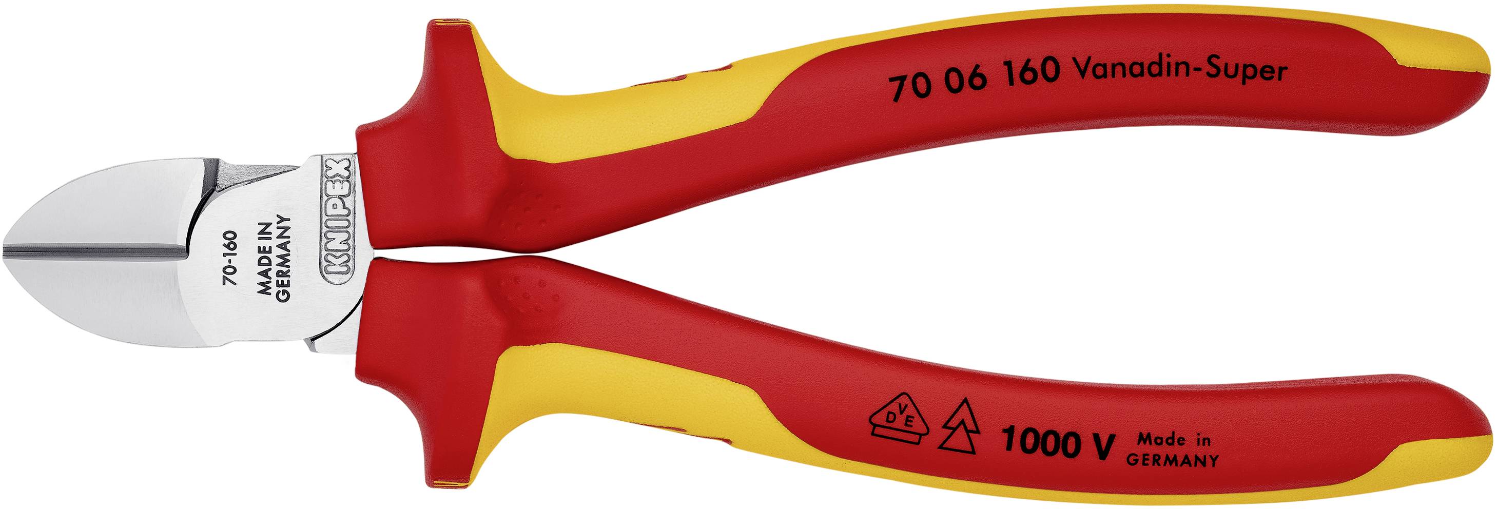 Eine rote und gelbe elektronische Zange mit isolierten Griffen, gekennzeichnet mit '1000 V' und 'Made in Germany', geeignet für Arbeiten unter Spannung.