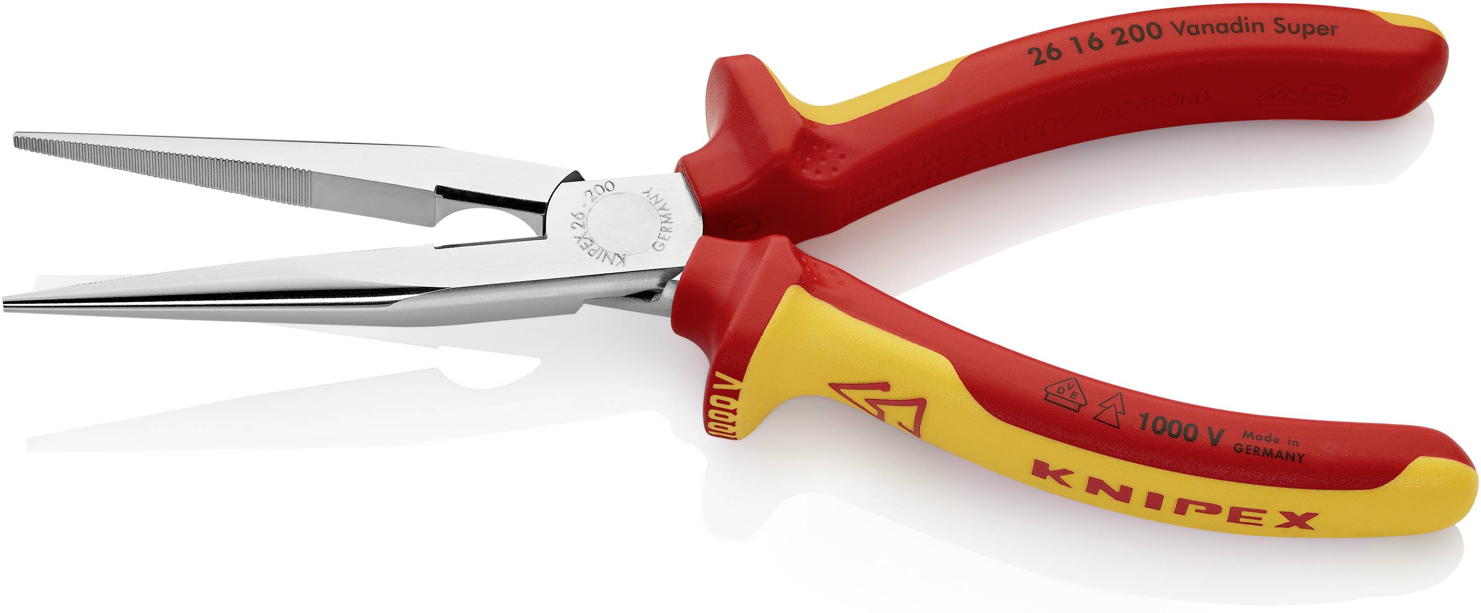 Eine rote und gelbe Kombizange mit isolierenden Griffen, geeignet für Arbeiten an elektrischen Anlagen bis 1000 Volt.