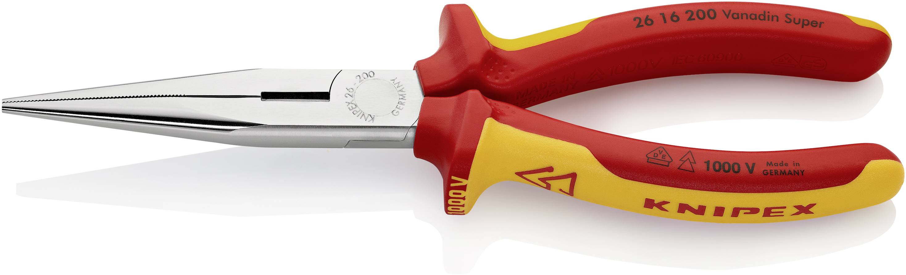 Zange mit langem, spitzem Kiefer, rotem und gelbem Griff. Aufschrift 'Knipex'. Geeignet für Arbeiten bis 1000V.