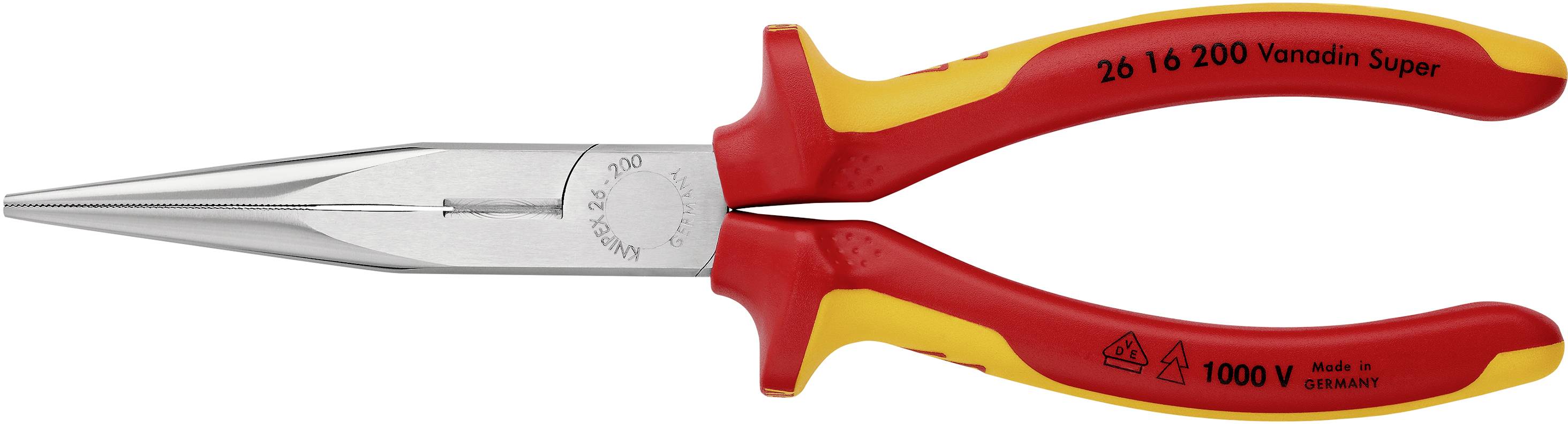 Eine rote und gelbe Isolationselektrozange mit langer Spitze und ergonomischen Griffen, geeignet für Arbeiten bis 1000V.