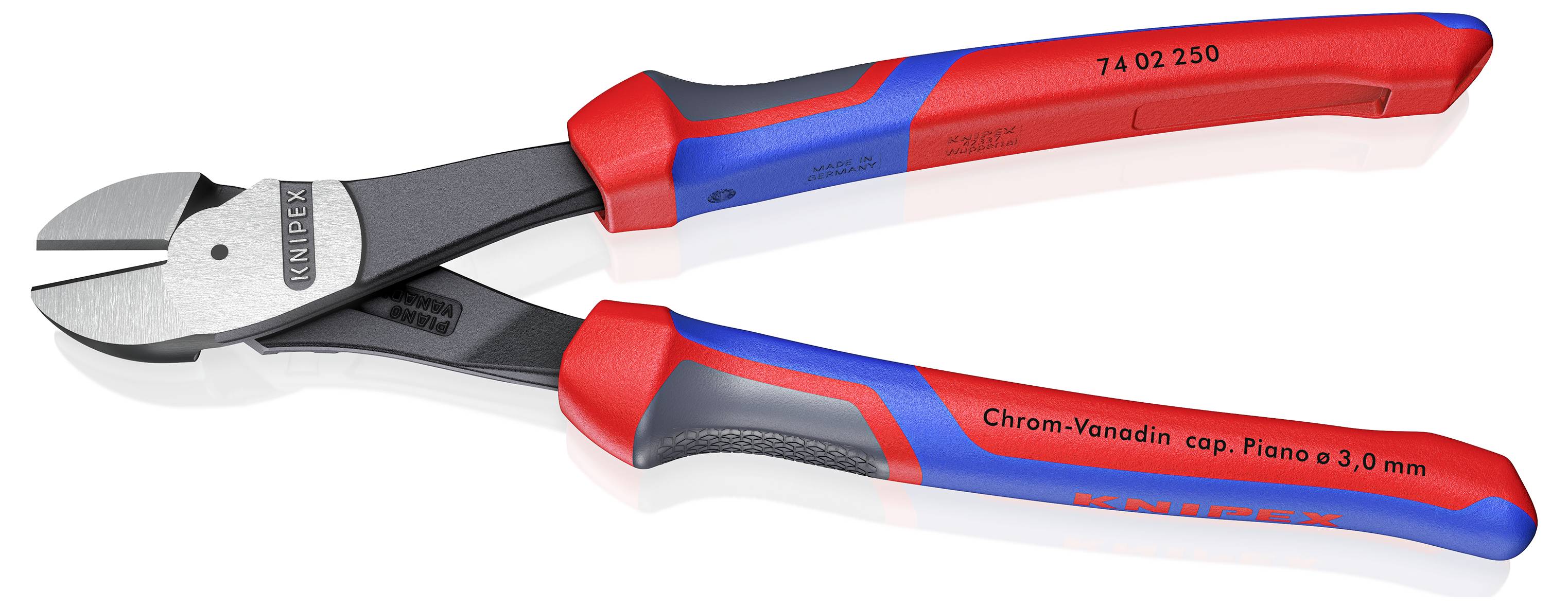 Rote und blaue Knipex Seitenschneider mit einer Metallschneide, entwickelt zum Schneiden von harter Klavierdraht bis zu 3,0 mm.