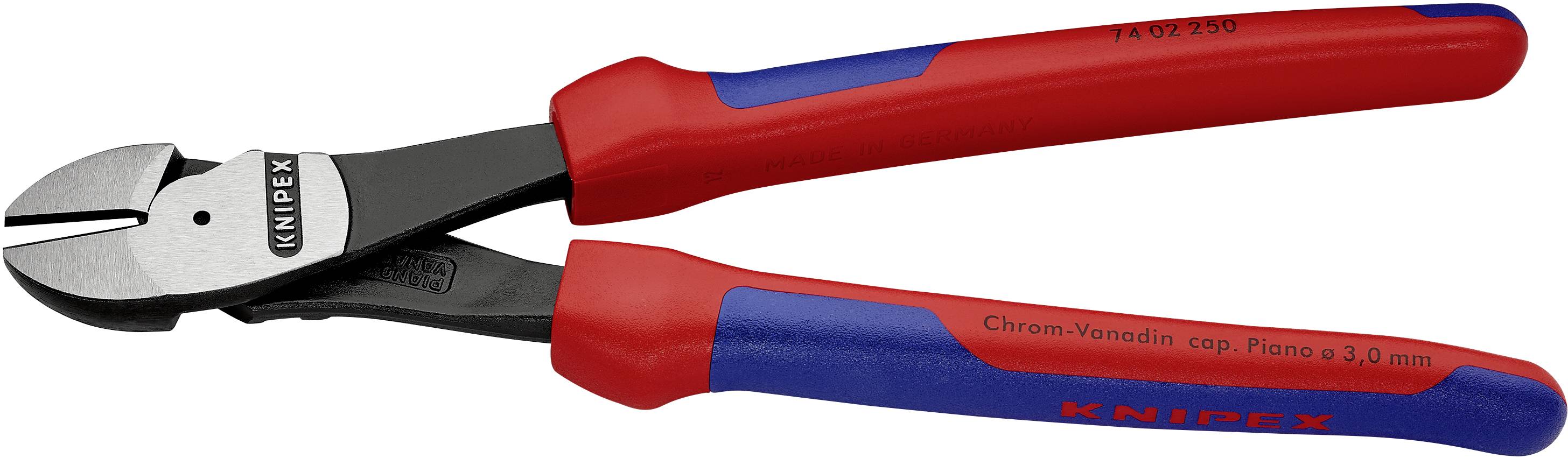 Seitenschneider mit roten und blauen Griffen, Markenname 'KNIPEX' auf dem Werkzeug. Verwendet zum Schneiden von Drähten und Kabeln.