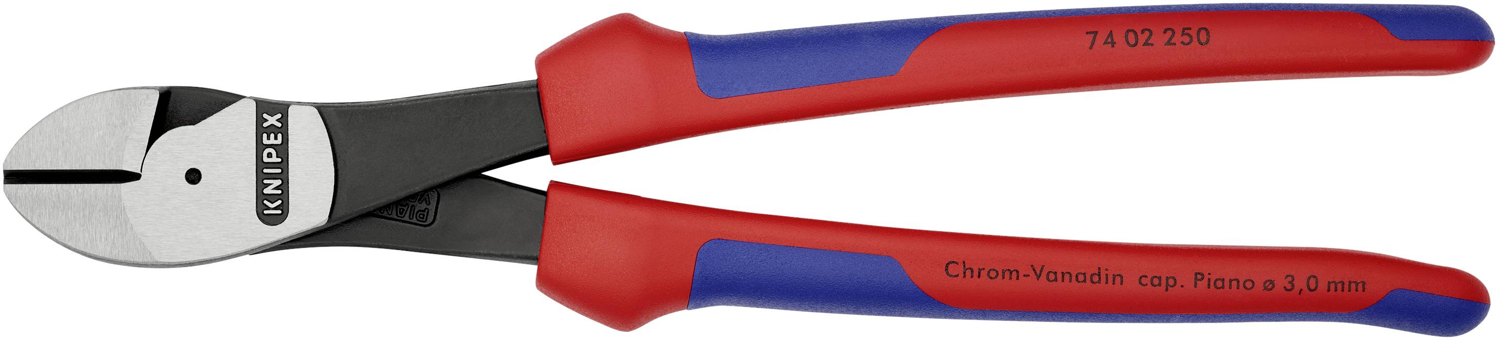 Seitenschneider mit roten und blauen Griffen, geeignet zum Schneiden von harten Materialien. Markierung auf der Klinge für Modellnummer.