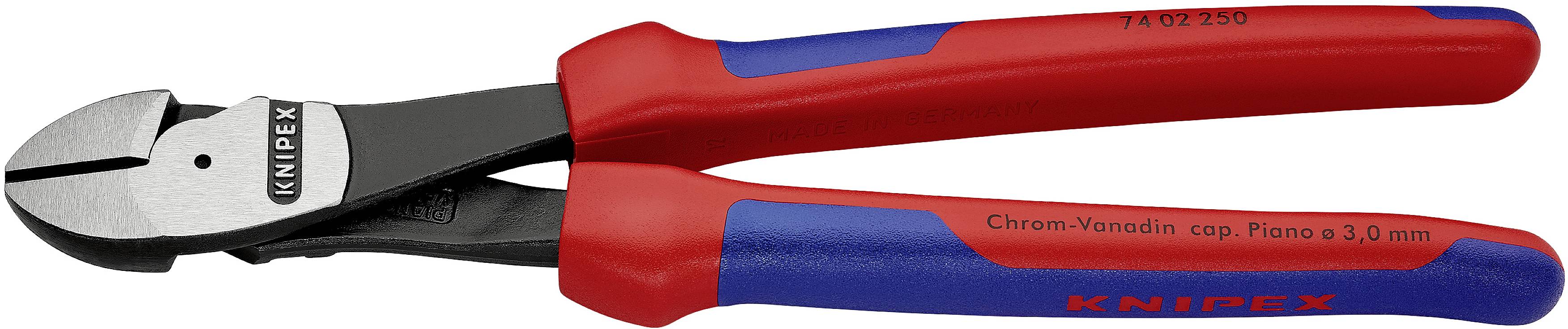 Eine rote und blaue Knipex-Kabelschneiderzange aus Chrom-Vanadium-Stahl.
