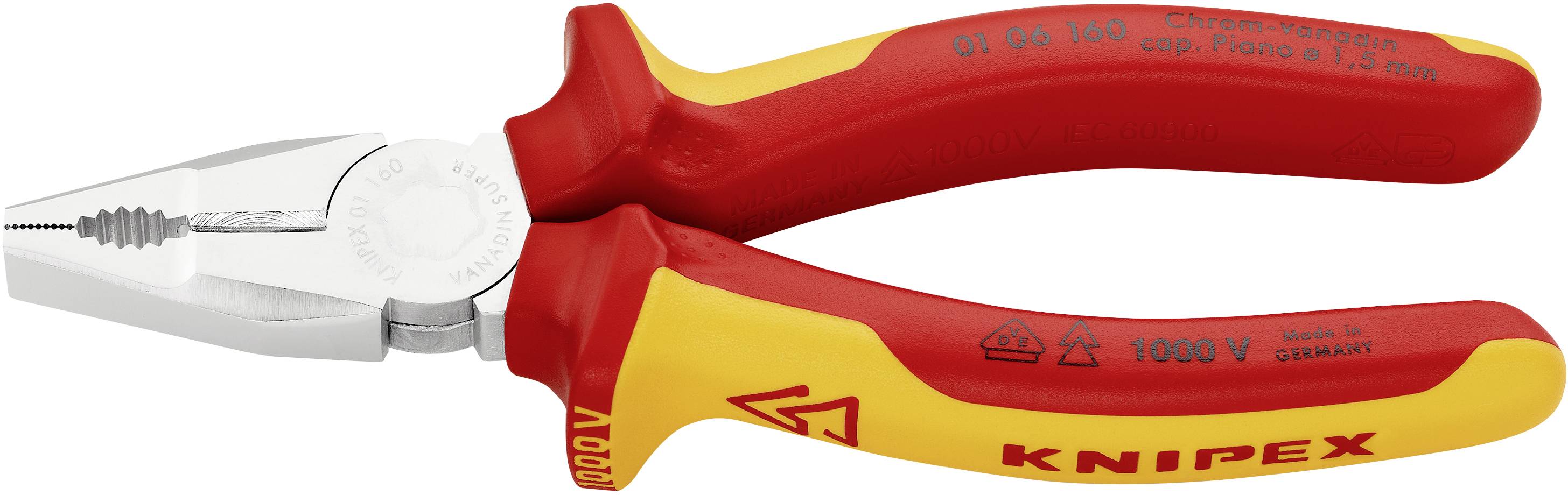 Ein rotes und gelbes Isolierzangenset der Marke Knipex, speziell für elektrische Arbeiten, mit isoliertem Griff für Sicherheit.