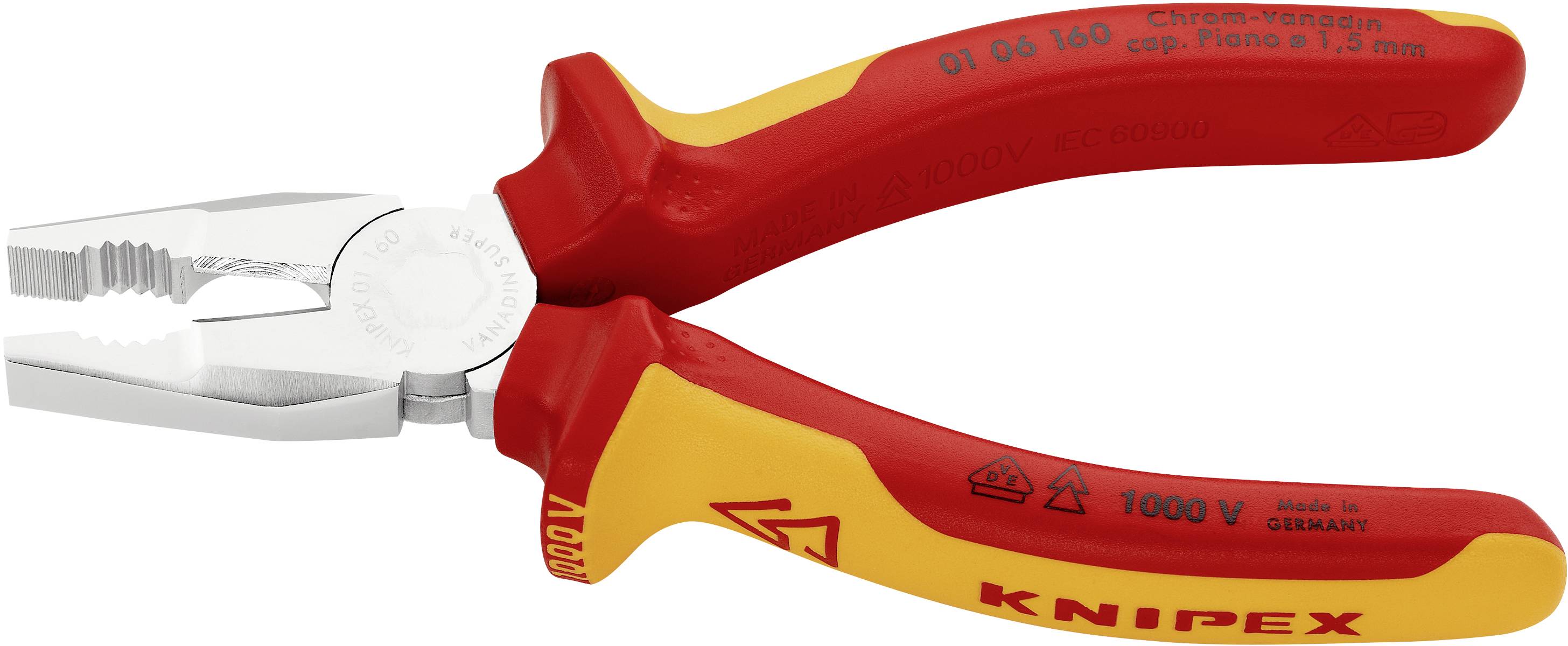 Rote und gelbe isolierte Zange mit Chrom-Vanadium-Oberfläche und Isolierung bis 1000 Volt. Produziert von Knipex in Deutschland.