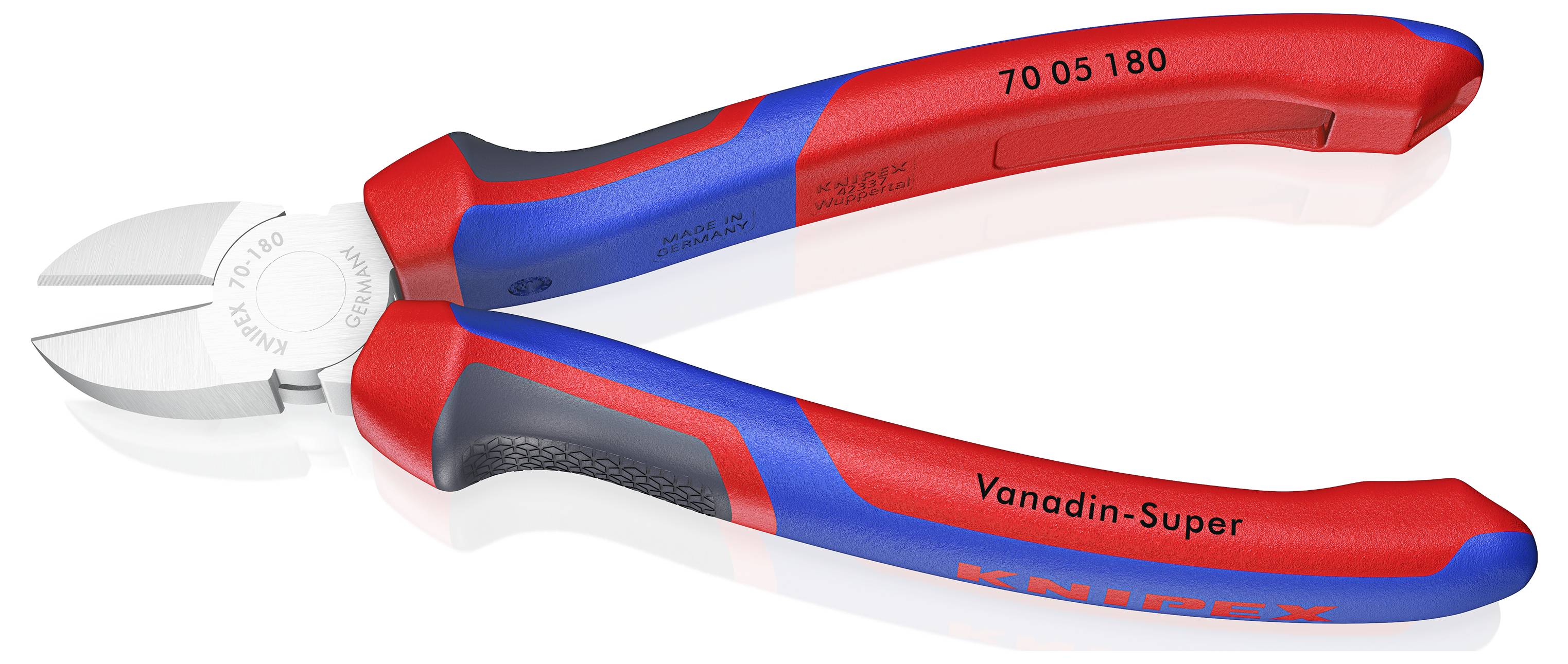 Rote und blaue Seitenschneider aus Metall mit Aufschrift 'KNIPEX' und 'Vanadin-Super' auf den Griffen. Werkzeug für Drahtschneidearbeiten.