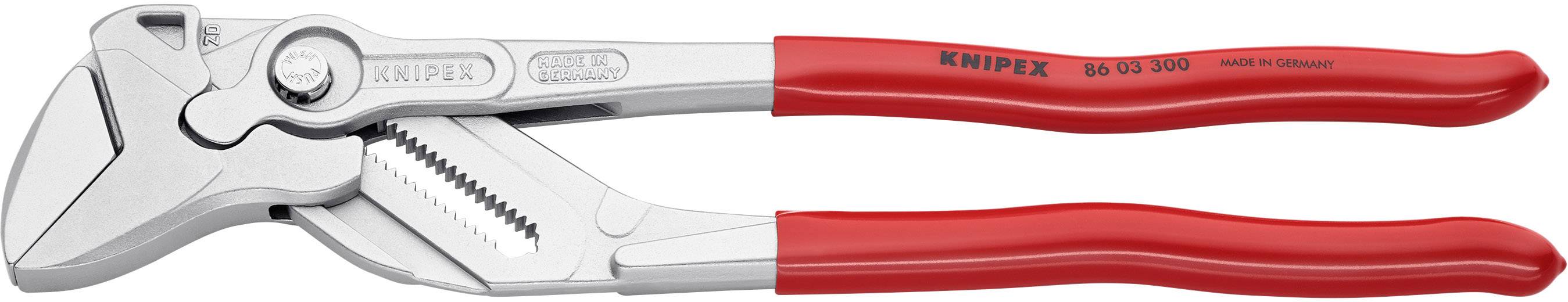 Eine silberne Zange mit roten Griffen der Marke KNIPEX, Modell '86 03 300', mit geriffeltem Bereich zum Greifen und Verstellen.