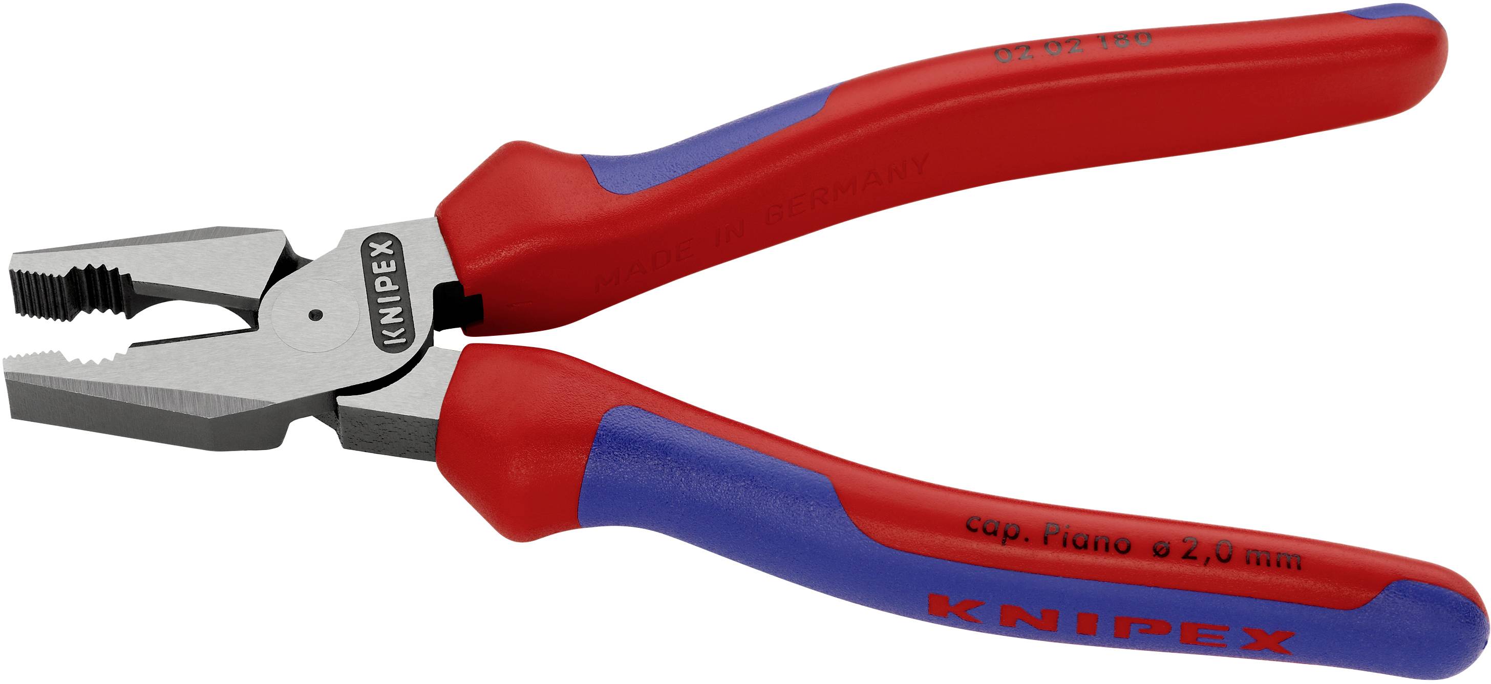 Zange mit roten und blauen Griffen, Marke Knipex, geeignet zum Greifen und Schneiden von dünnem Material, speziell für Klavierdrähte.
