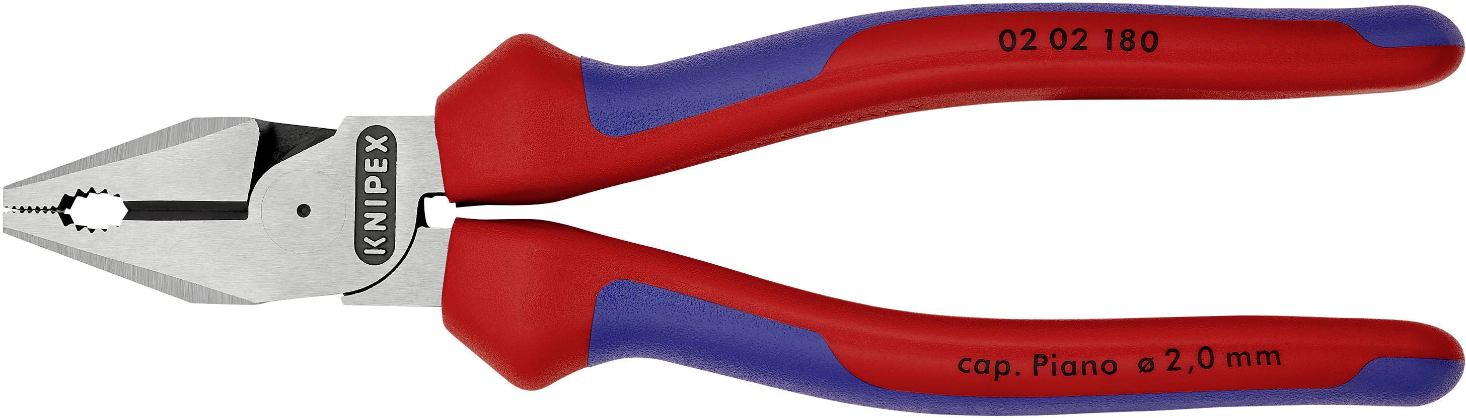 Rote und blaue Kombizange mit Metallkopf und geprägter Aufschrift 'Knipex'.