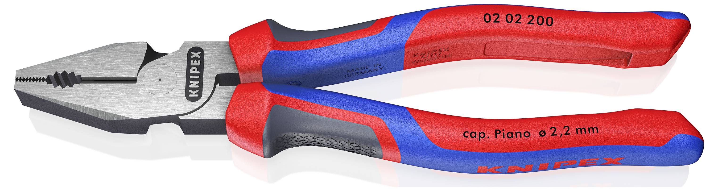 Eine Kombizange mit rot-blauem Griff, hergestellt von Knipex, geeignet für Klaviersaiten bis zu 2,2 mm.