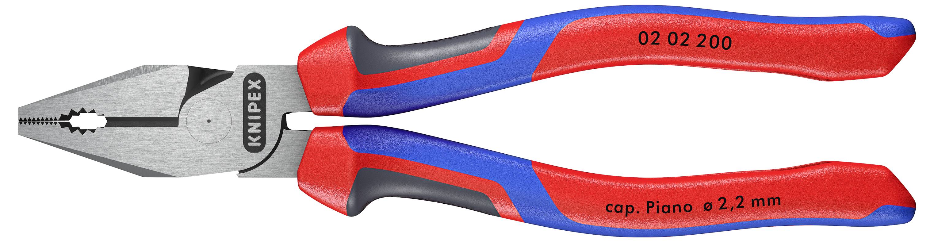 Eine Kombizange von Knipex mit rot-blauem Griff, geeignet für Klavierdrähte bis 2,2 mm.