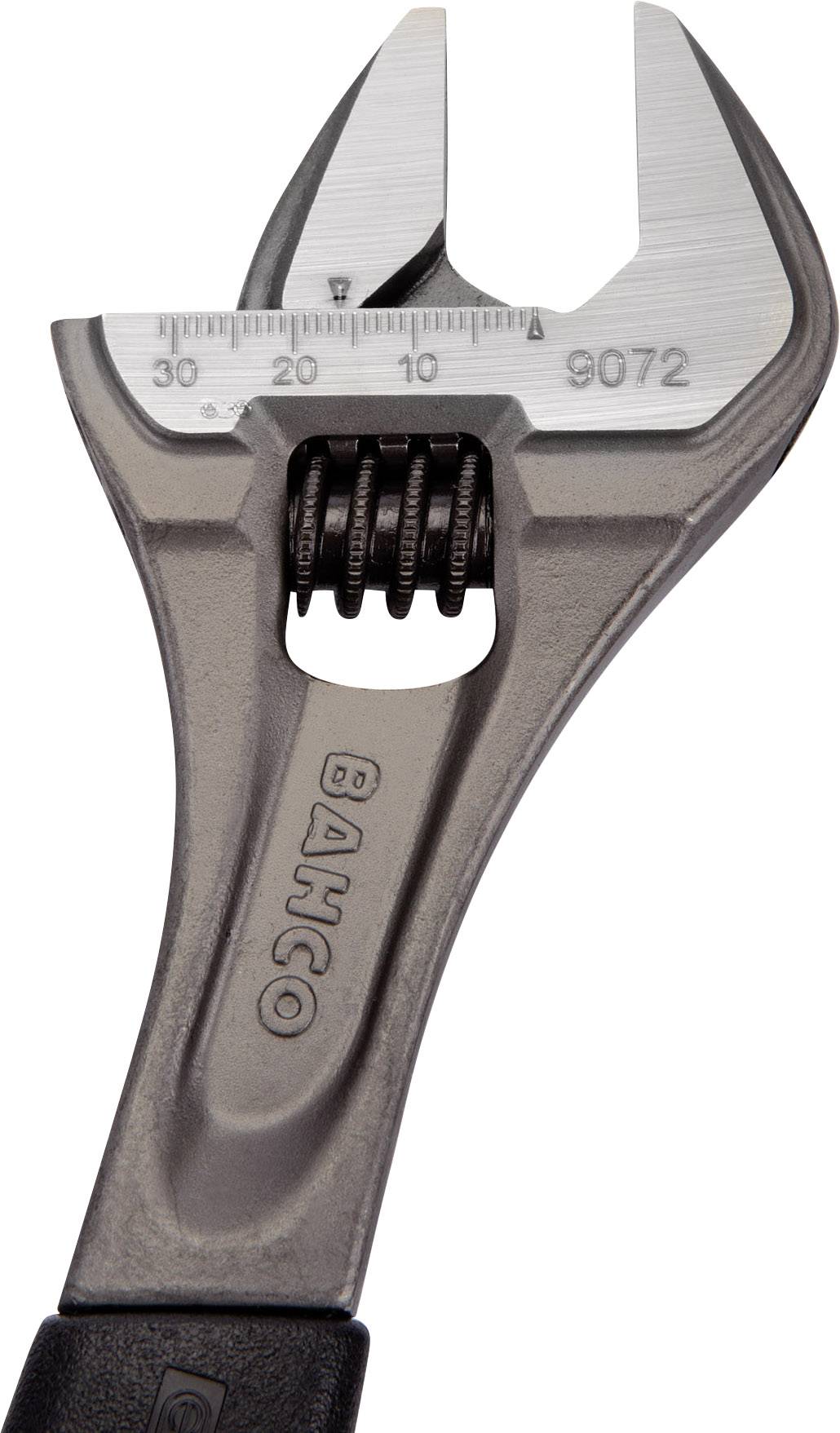 Verstellbarer Schraubenschlüssel aus Metall mit Skala auf dem Backen, Markenname 'Bahco' auf dem Griff. Geeignet für verschiedene Schraubengrößen.