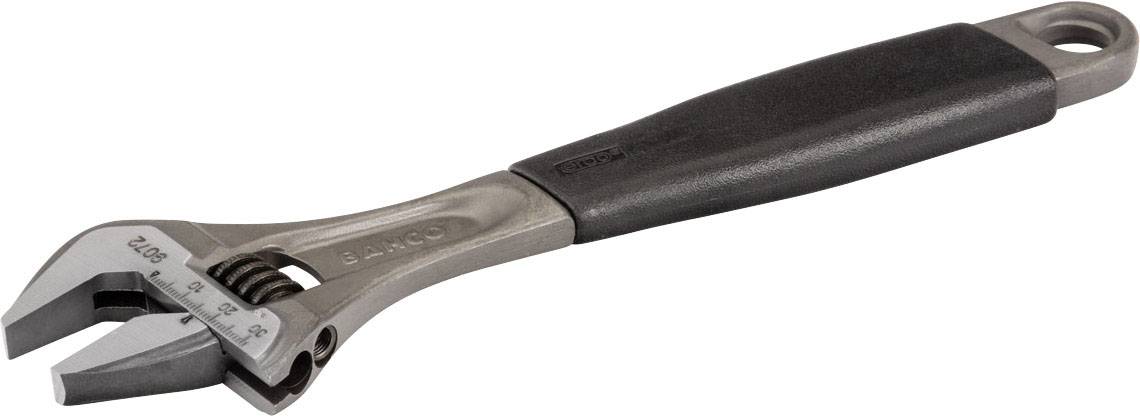 Verstellbarer Schraubenschlüssel mit gummiertem Griff, silbernes Metall, großformatig.