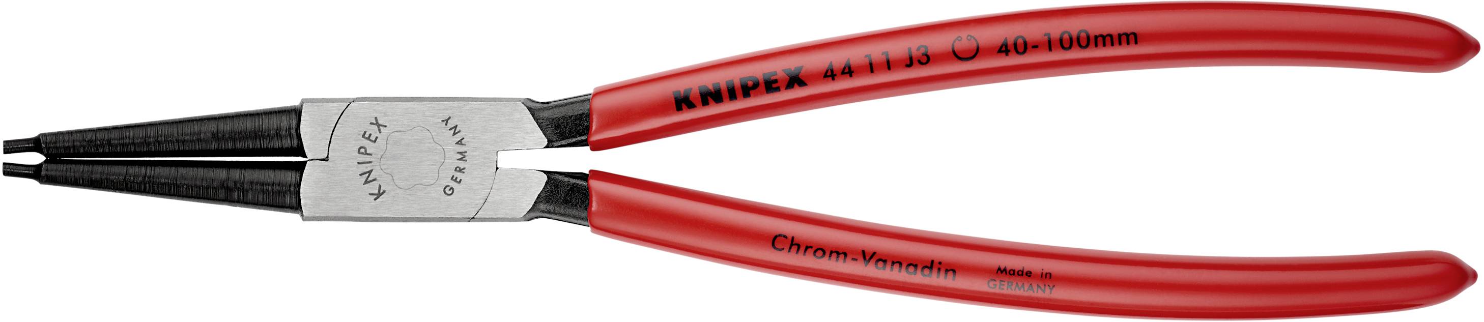 Rote Knipex Seegeringzange mit schwarzen, geriffelten Spitzen, geeignet für Ringe mit 40-100 mm Durchmesser, Chrom-Vanadium-Stahl.