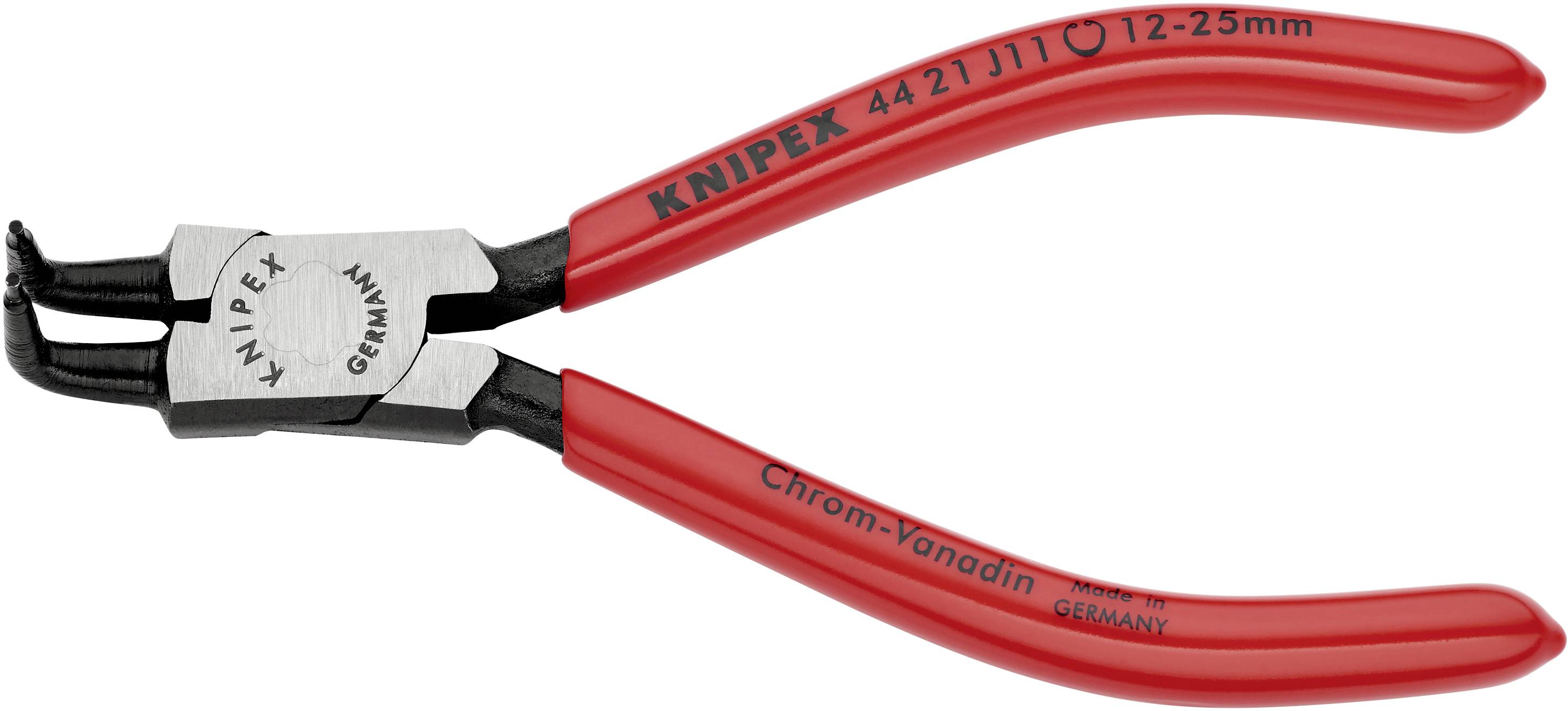 Rote Sicherungsringzange mit der Aufschrift 'Knipex Germany', geeignet für Ringe von 12–25 mm.