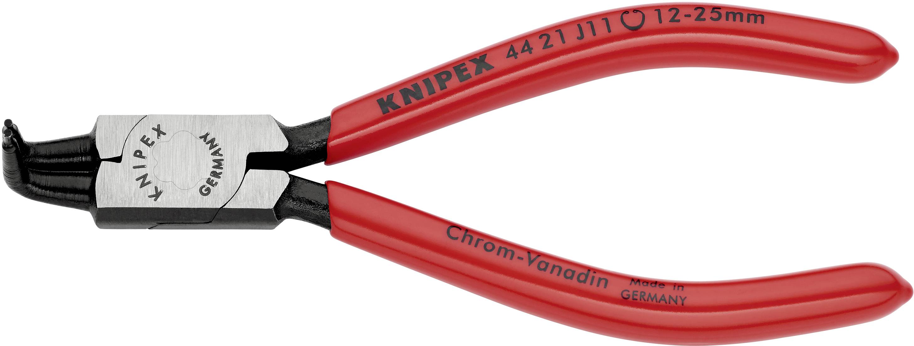 Rote Zange mit der Aufschrift 'KNIPEX 4421J11 Chrom-Vanadin 12-25mm'. Geeignet zum Greifen und Halten von Werkstücken.