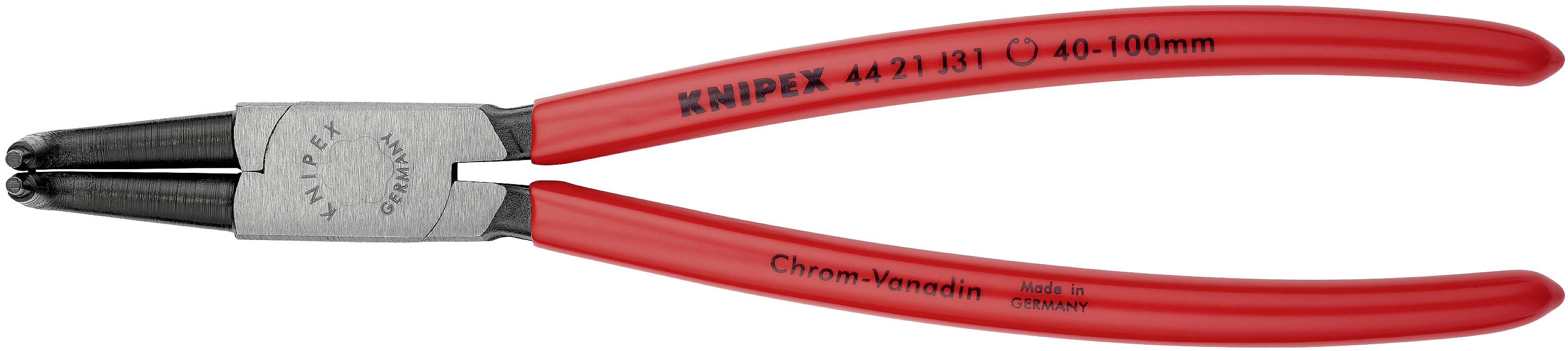 Eine rote Sprengringzange mit der Aufschrift 'Knipex 4421 J3 40-100mm' und 'Chrome-Vanadium'. Geeignet für die Montage von Sprengringen.